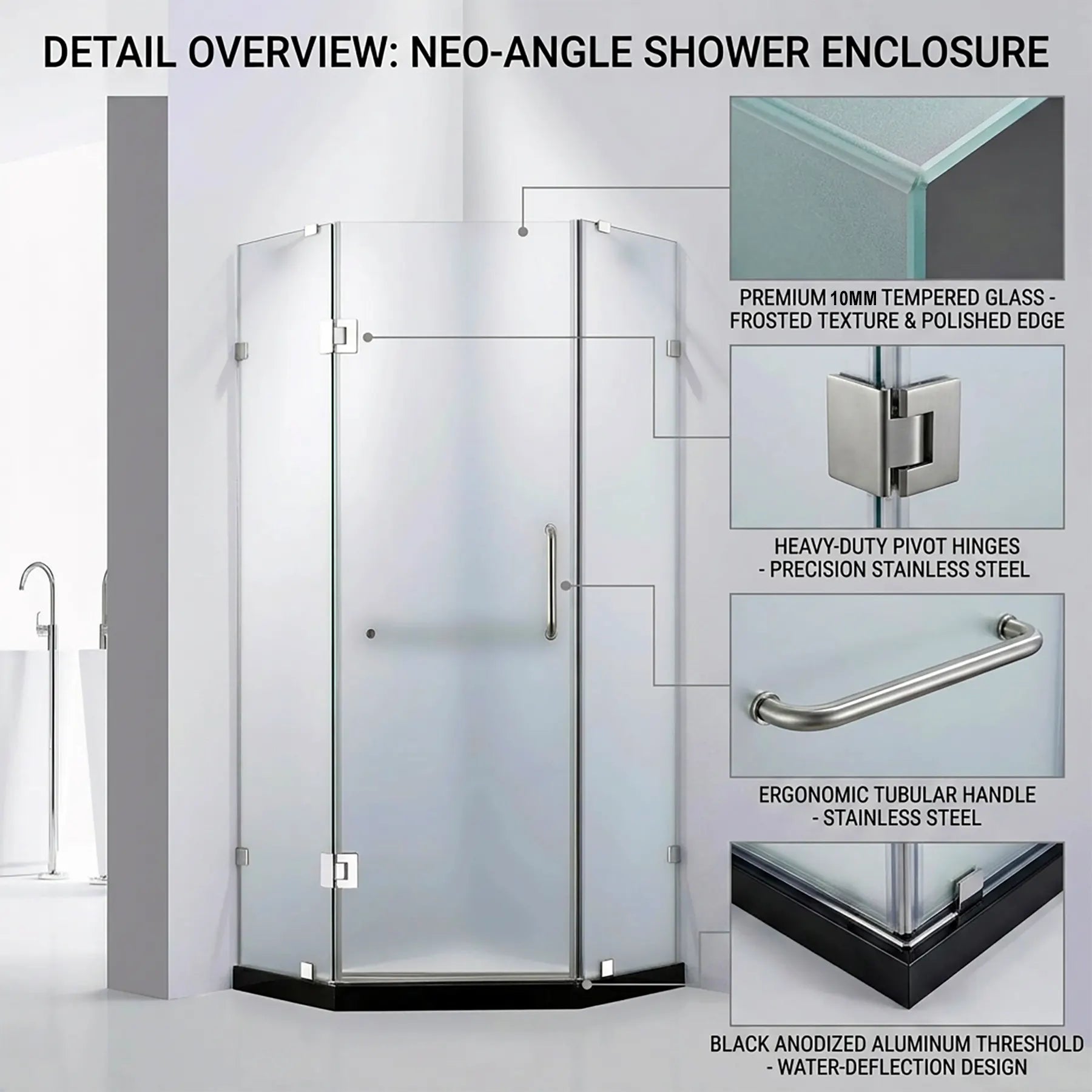 Neo-angle shower enclosure with detailed features highlighted on a white background