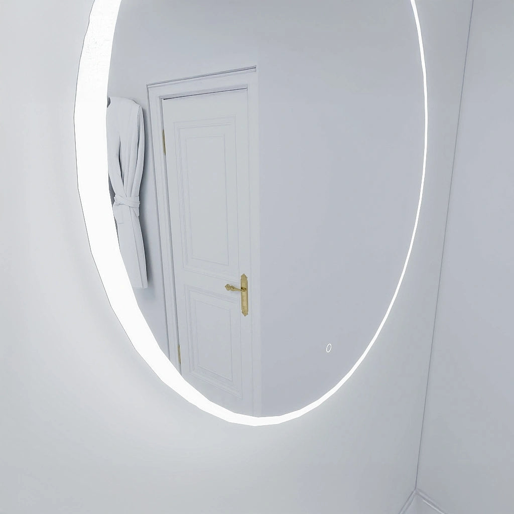 Round Onyx 36 inch led mirror on a white wall reflecting a room with a patterned floor.