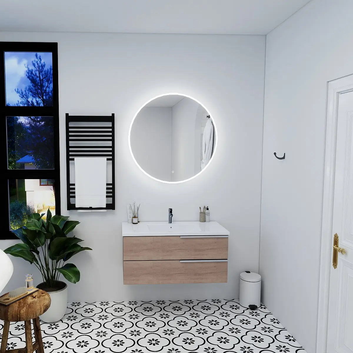 Round Onyx 36 inch led mirror on a white wall reflecting a room with a patterned floor.
