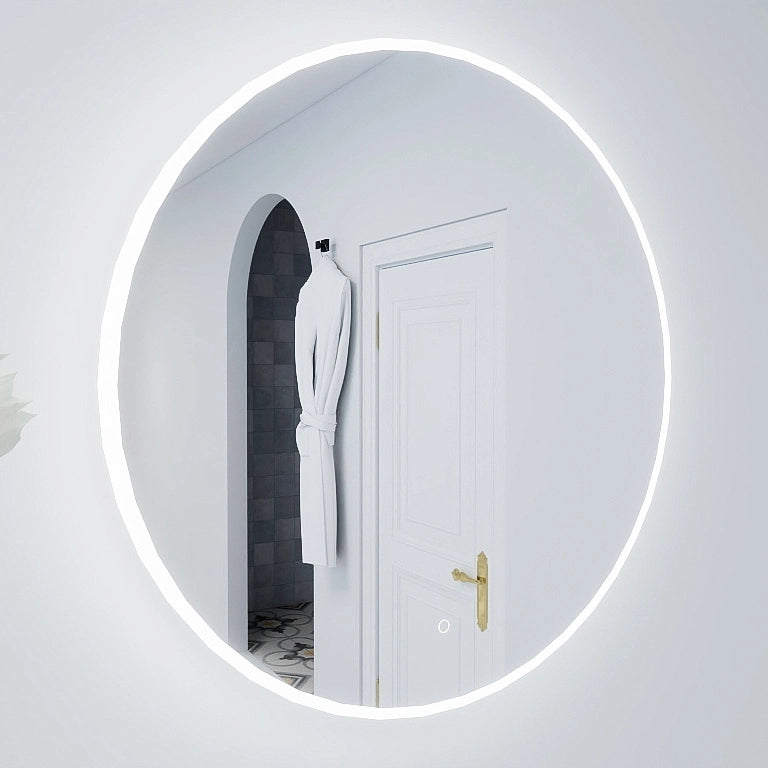 Round Onyx 36 inch led mirror on a white wall reflecting a room with a patterned floor.