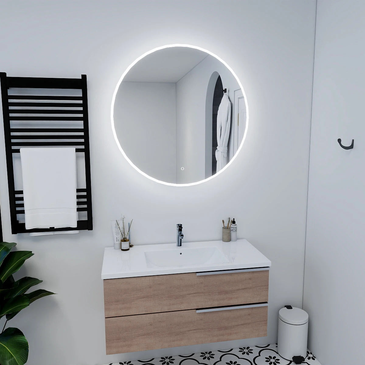 Round Onyx led mirror on a white wall reflecting a room with a patterned floor.