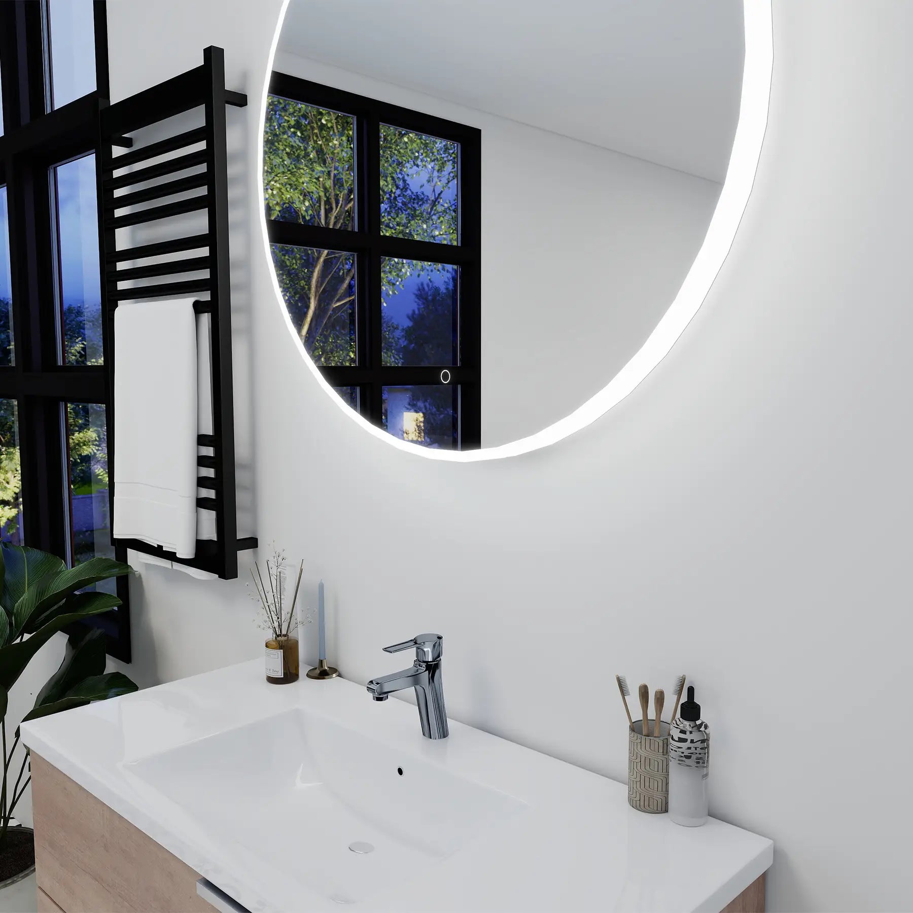 Round Onyx 36 inch led mirror on a white wall reflecting a room with a patterned floor.