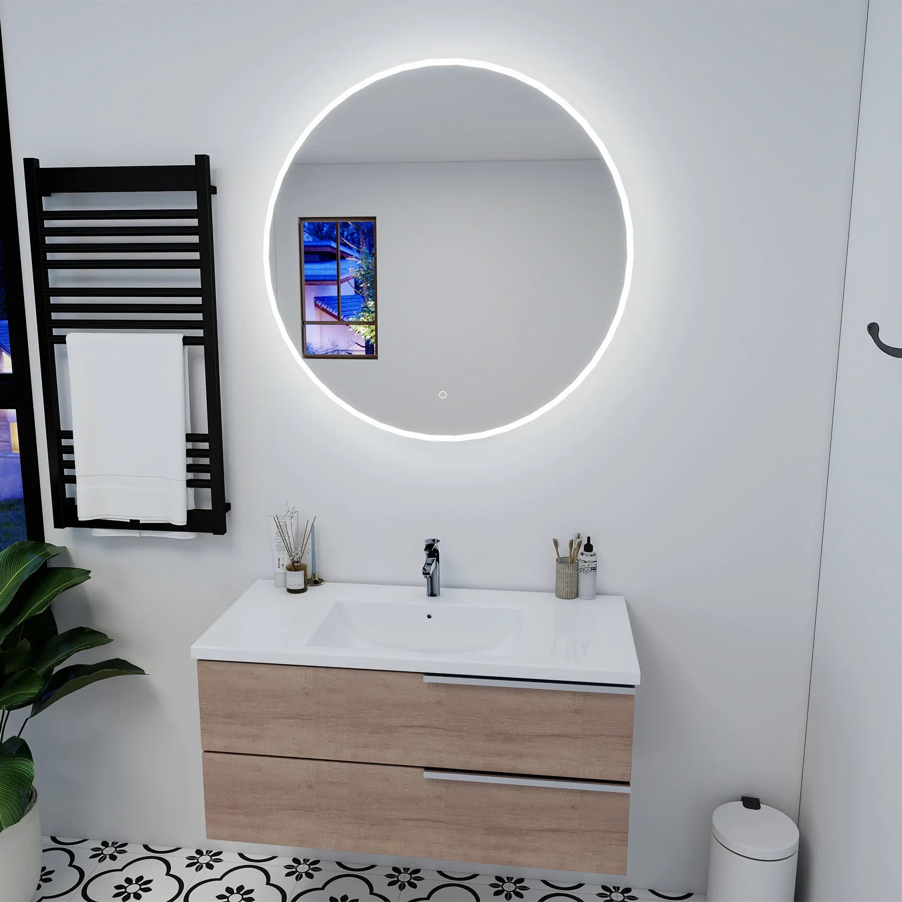 Round Onyx 36 inch led mirror on a white wall reflecting a room with a patterned floor.