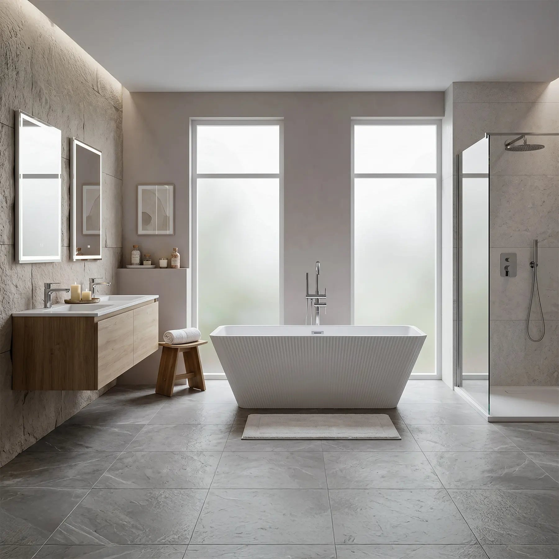 Modern bathroom with freestanding bathtub, vanity, and shower area.