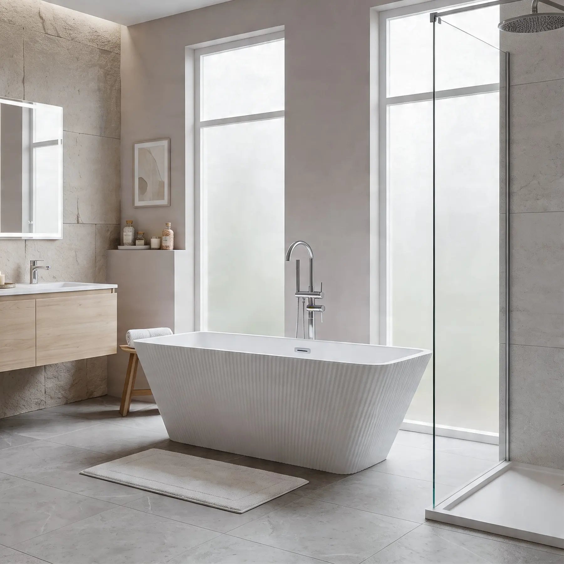 Modern bathroom with a freestanding bathtub, shower, and vanity.