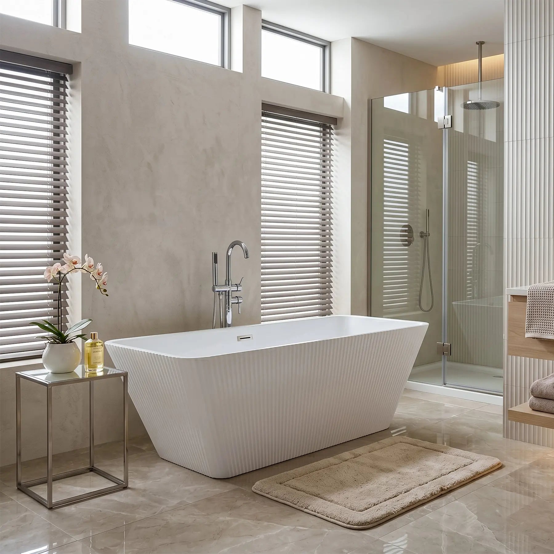 Modern bathroom with a freestanding bathtub, side table, and shower area.