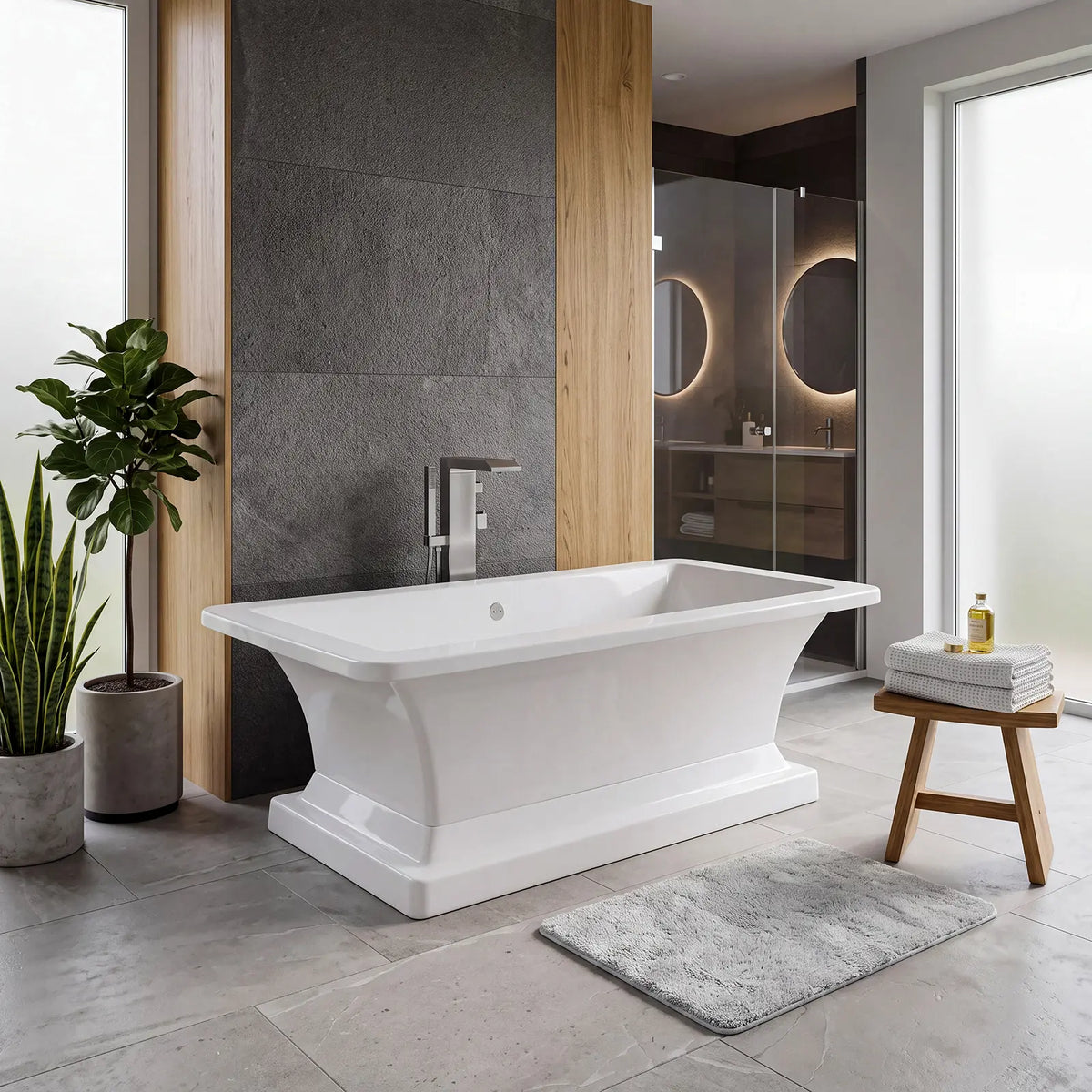 A freestanding white bathtub with a chrome faucet in a modern bathroom setting with gray stone tiles, wooden accents, a small wooden stool with folded towels, and a gray bath mat.