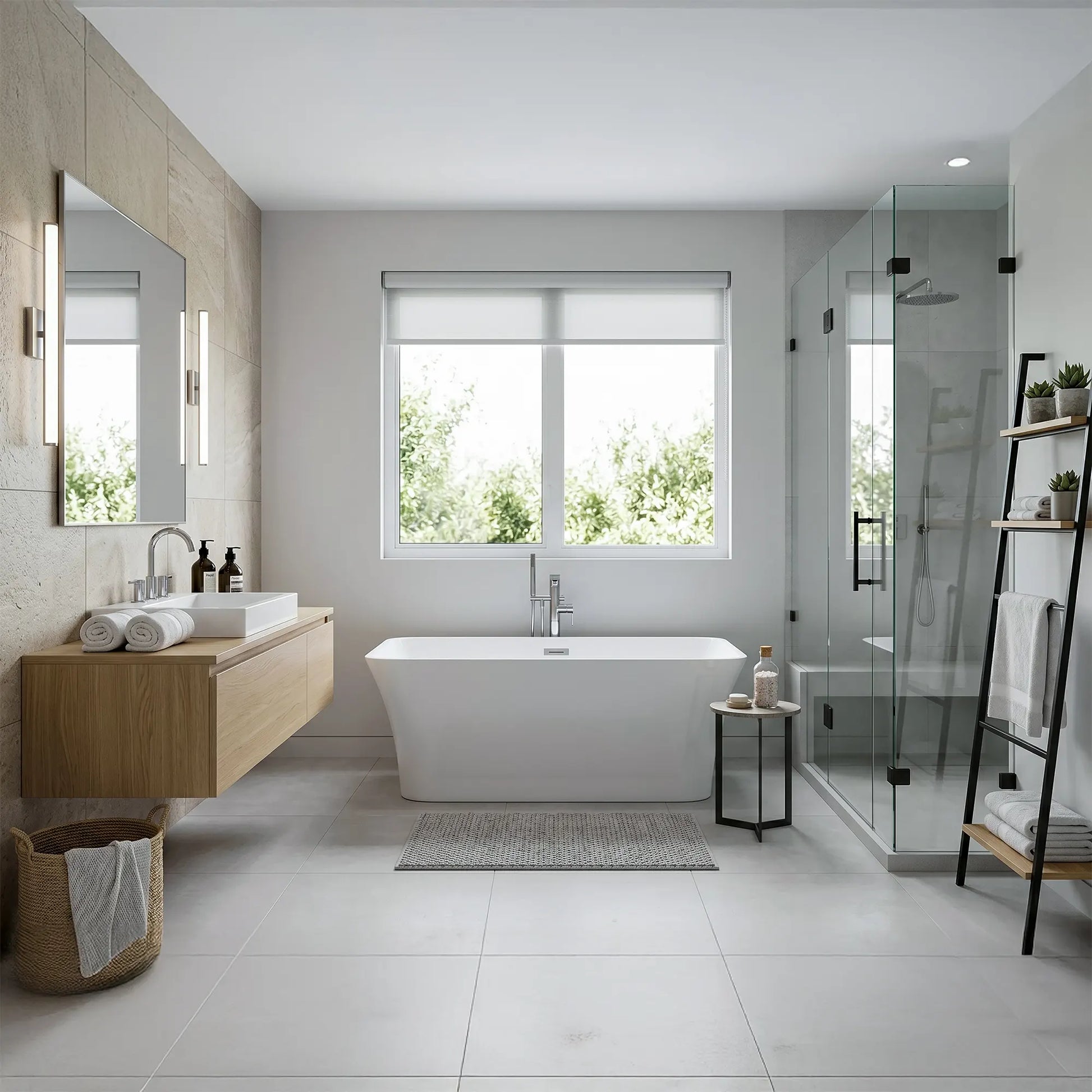 Modern bathroom with a freestanding bathtub, wooden vanity, and large window.
