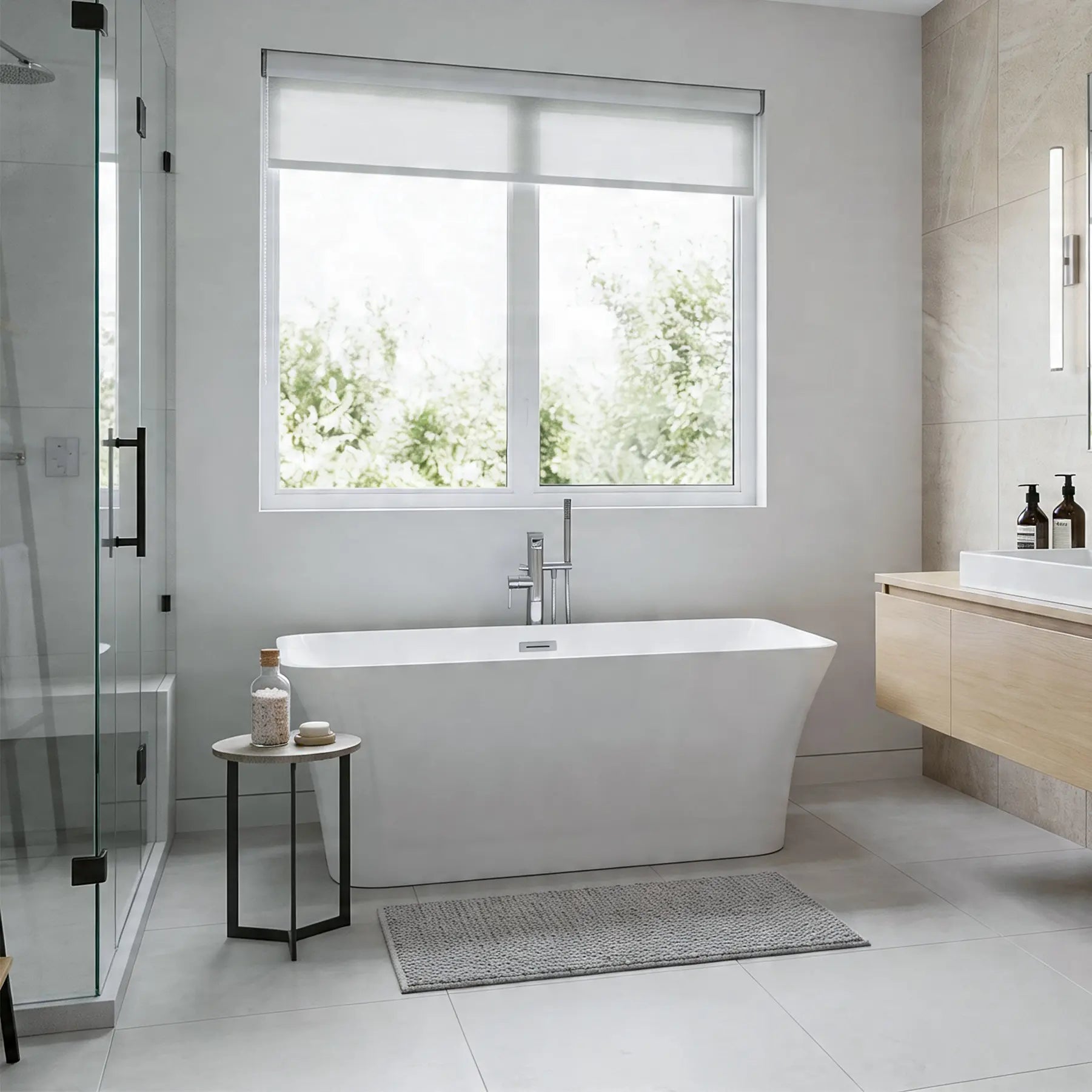 Modern bathroom with a freestanding bathtub, window, and vanity.