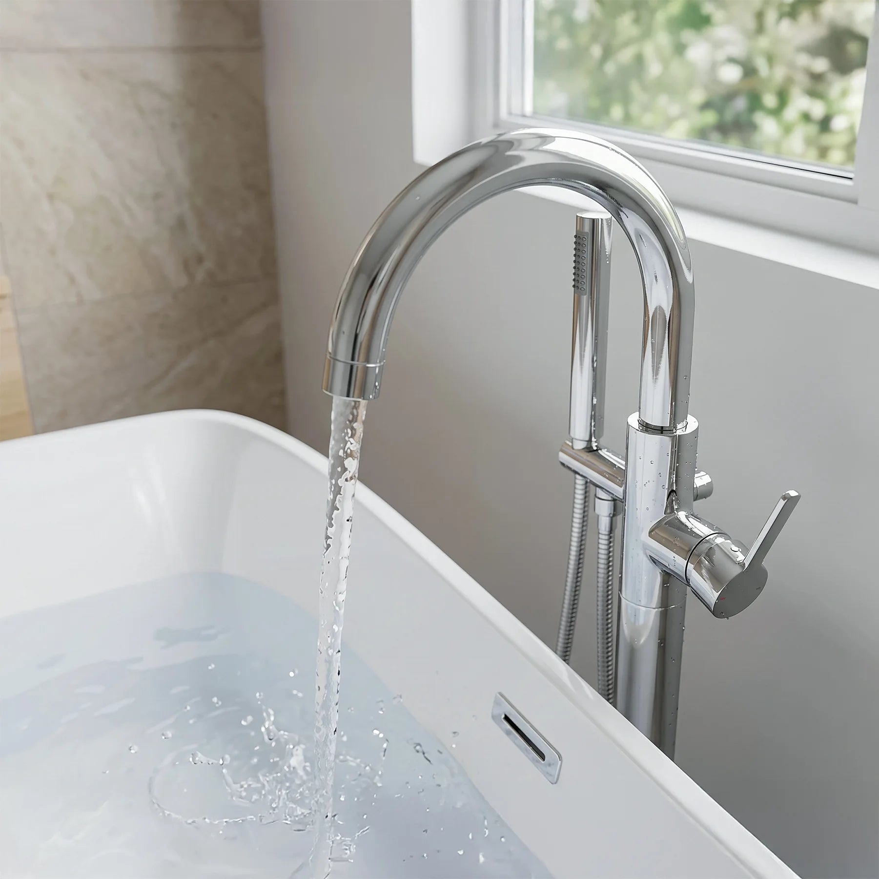 Chrome faucet with water flowing into a bathtub next to a window