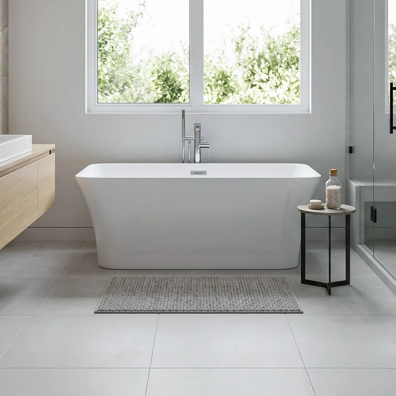 Modern bathroom with a freestanding bathtub, wooden cabinet, and small table with a bottle.