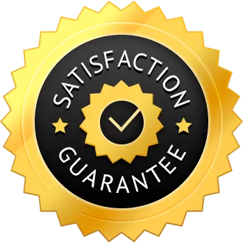 Circular token icon featuring a stylized checkmark inside a shield, next to the text: "SATISFACTION GUARANTEE."