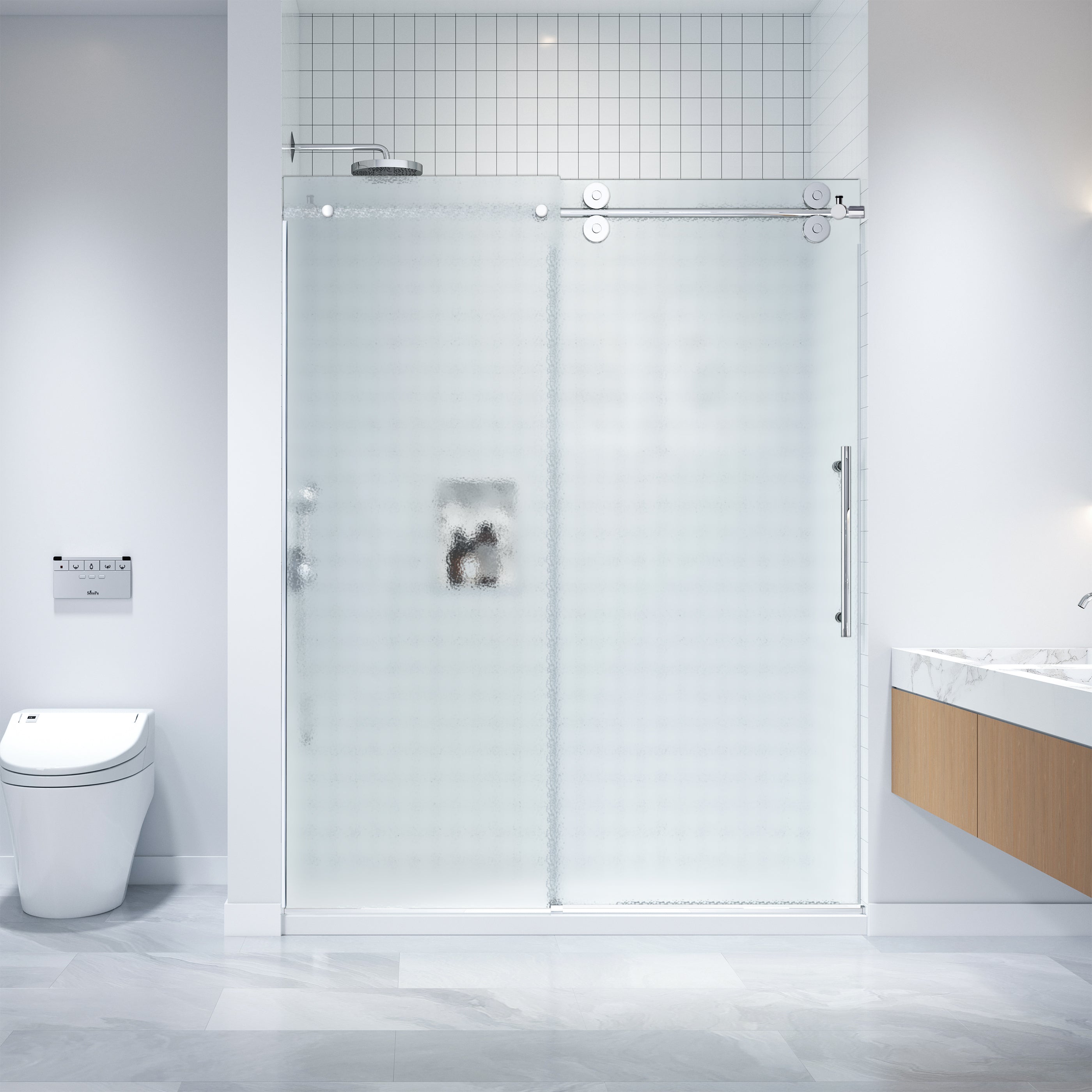 Dreamwerks 60 in. W x 79 in. H Frameless Sliding Shower Door in Bright Chrome with Frosted Glass
