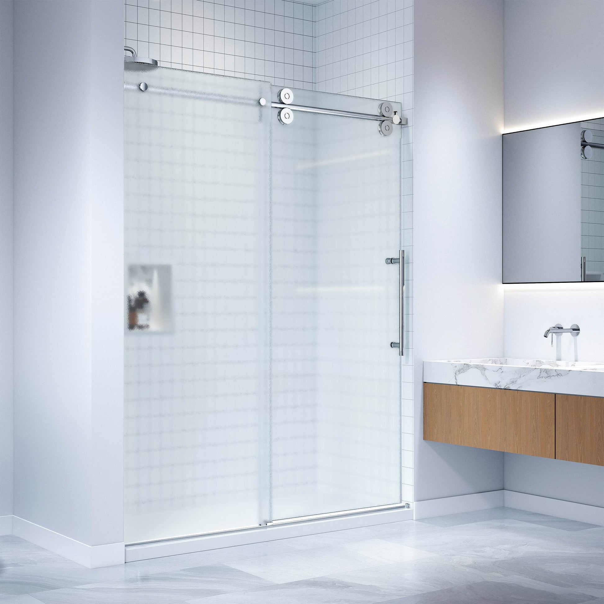 Apollo 60 in. W x 79 in. H Frameless Double Roller Shower Door with Frosted Glass - Dreamwerks