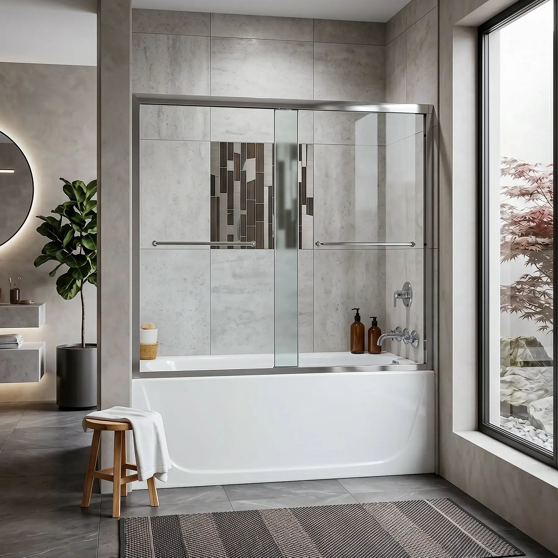 Small bathroom with bathtub and dreamwerks shower tub sliding door on top of it.