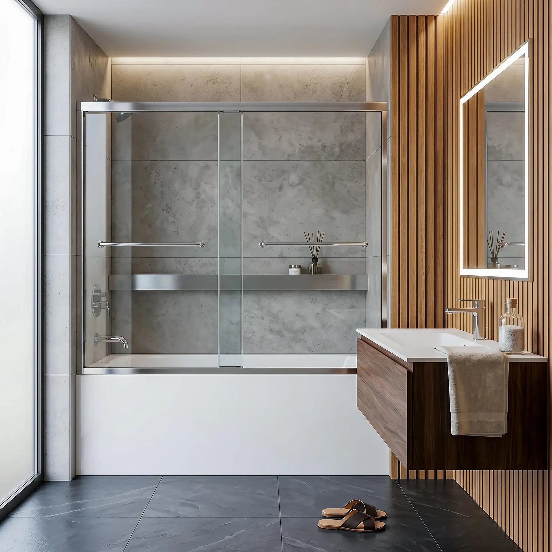 Small bathroom with bathtub and dreamwerks shower tub sliding door on top of it.