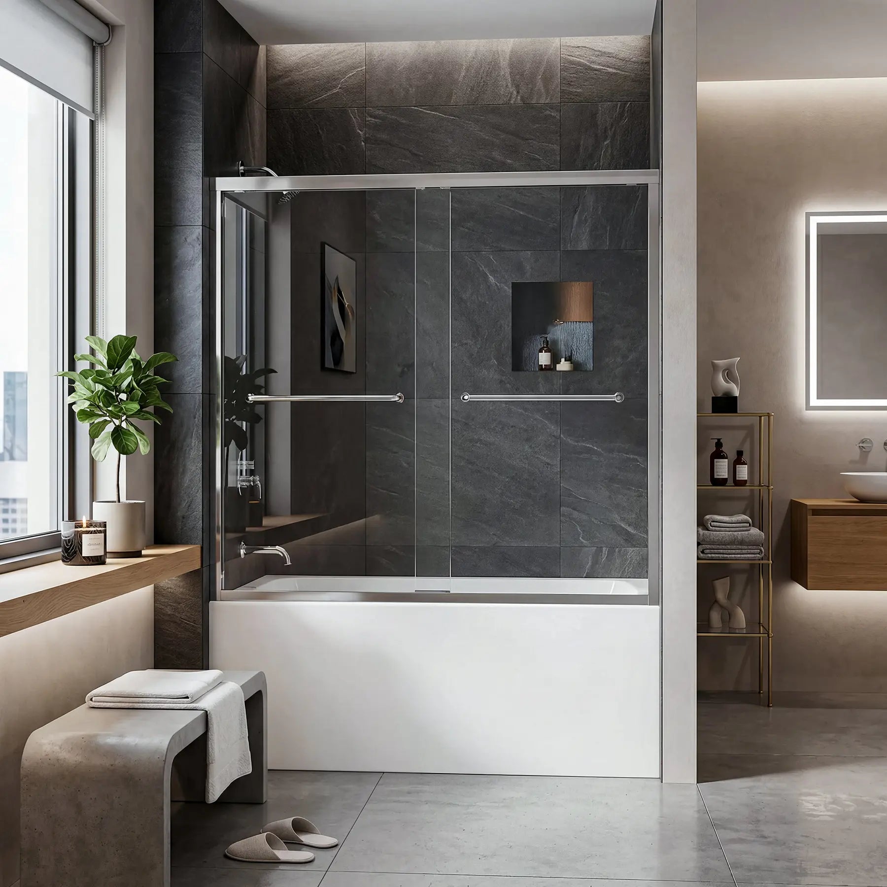 Small bathroom with bathtub and dreamwerks shower tub sliding door on top of it.