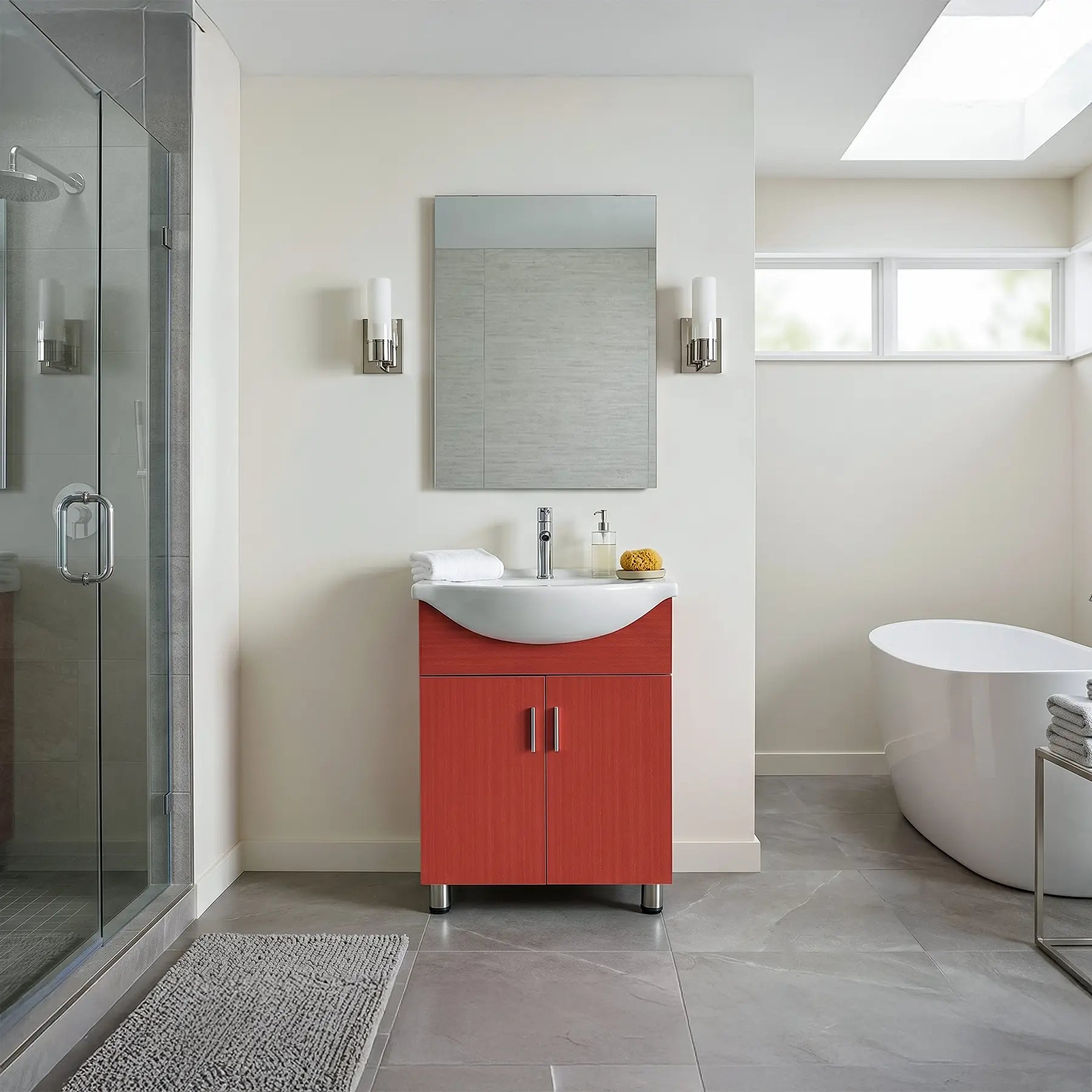 Modern bathroom with a red vanity, white sink, and bathtub.