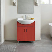 Bathroom with a red vanity unit, white sink, and mirror.