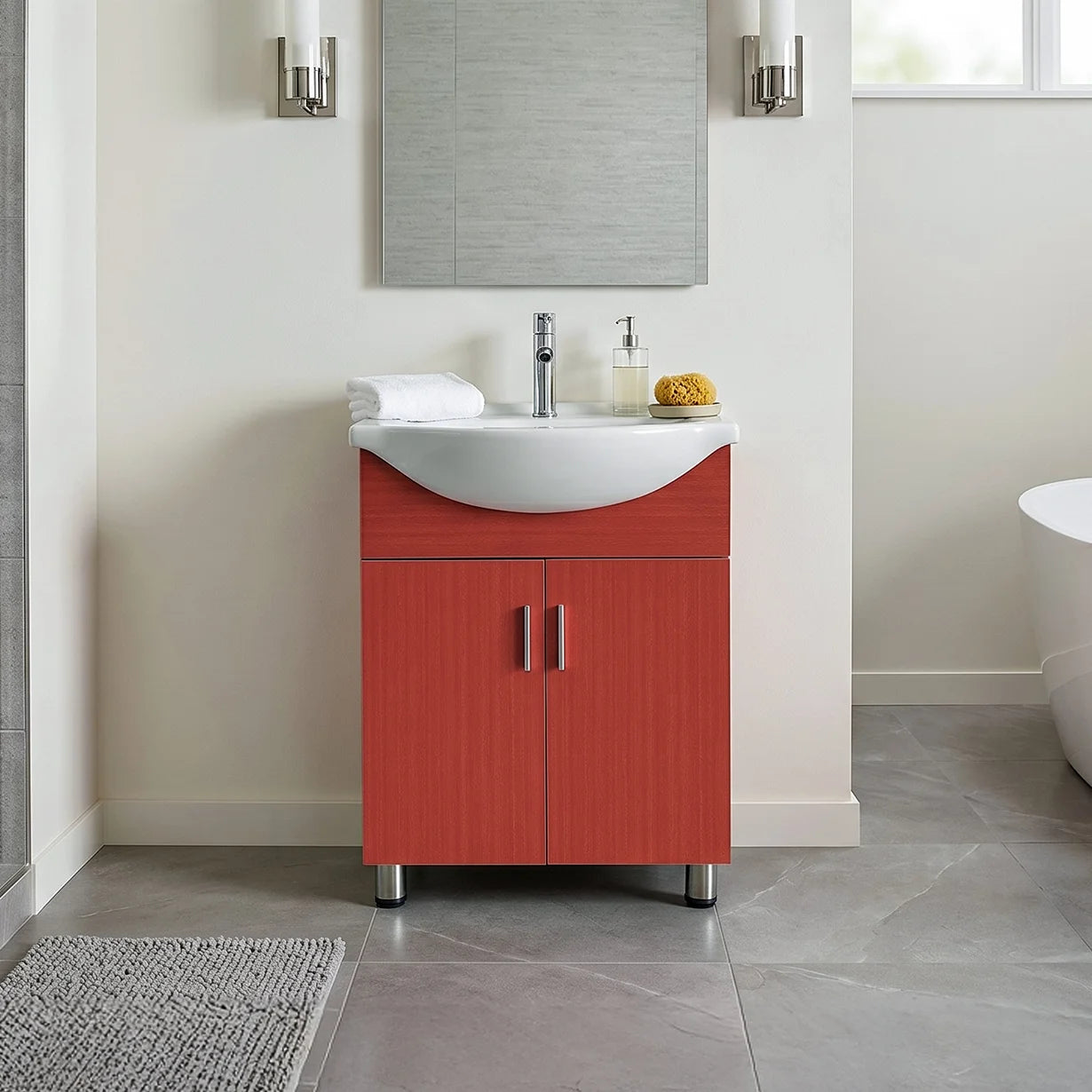 Bathroom with a red vanity unit, white sink, and mirror.