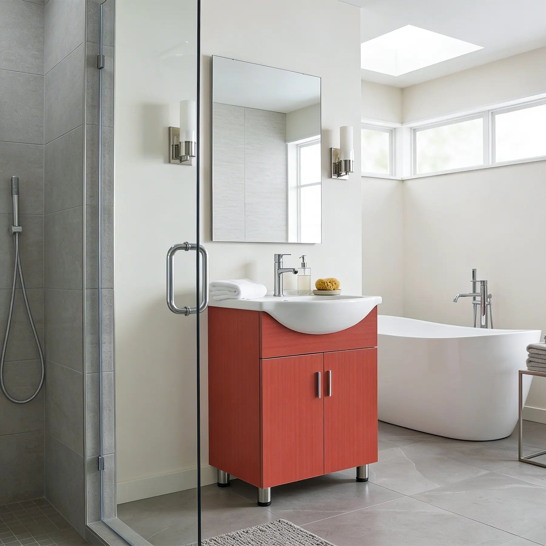 Modern bathroom with red vanity, white sink, and bathtub.