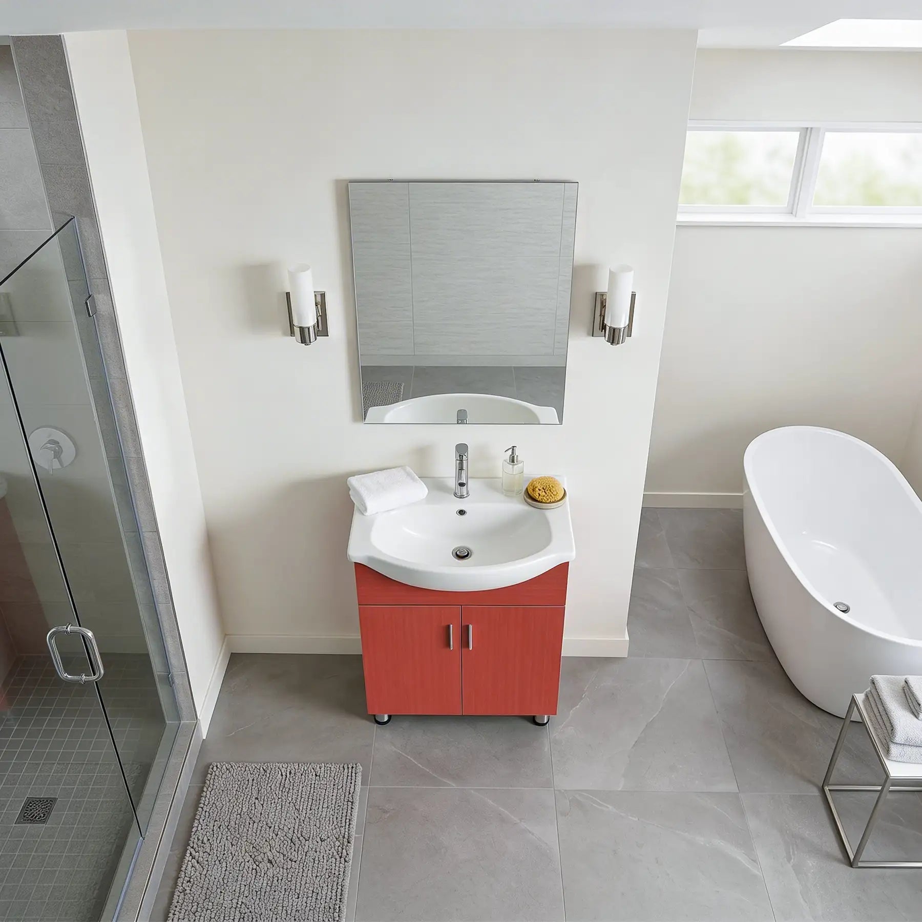 Modern bathroom with red vanity, white sink, and bathtub.