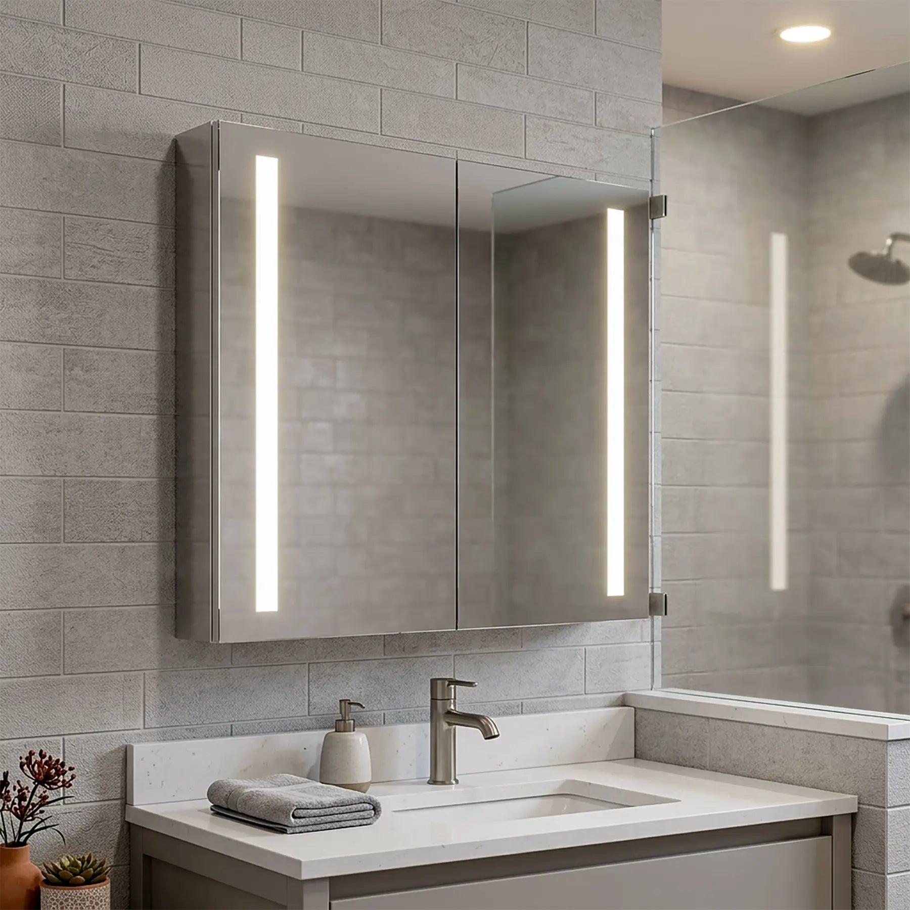 Solis lighted medicine cabinet on the wall in a modern bathroom.