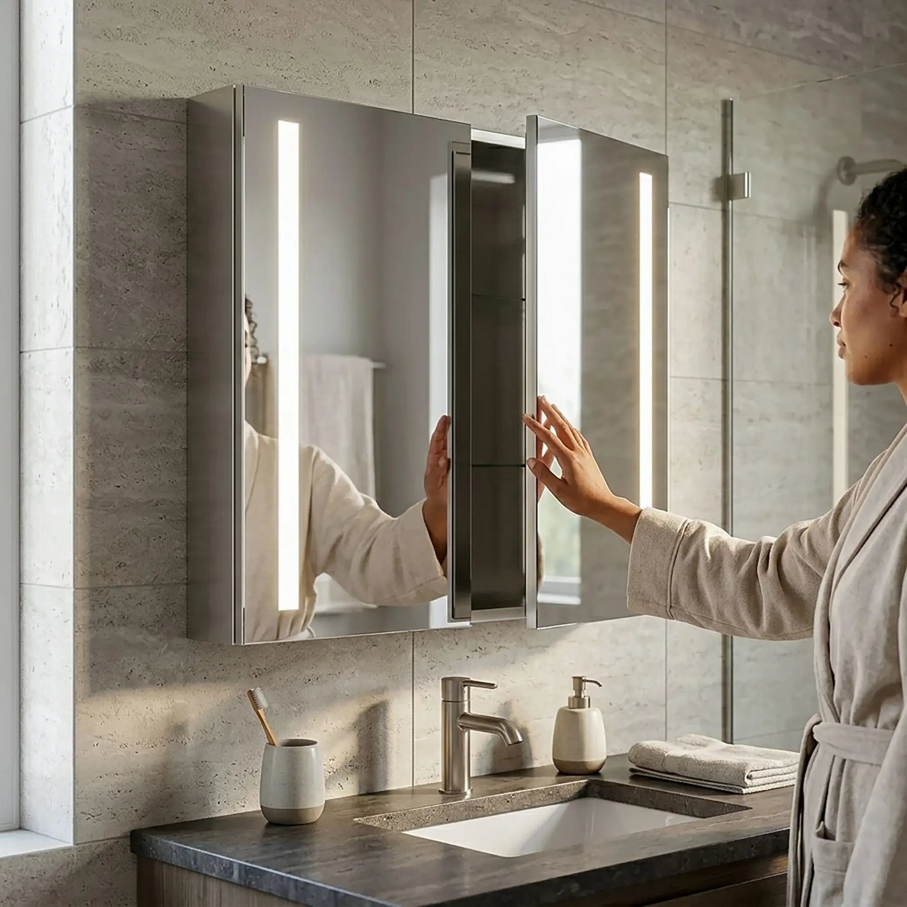 A person using a modern bathroom led mirror cabinet with lighted side panels.