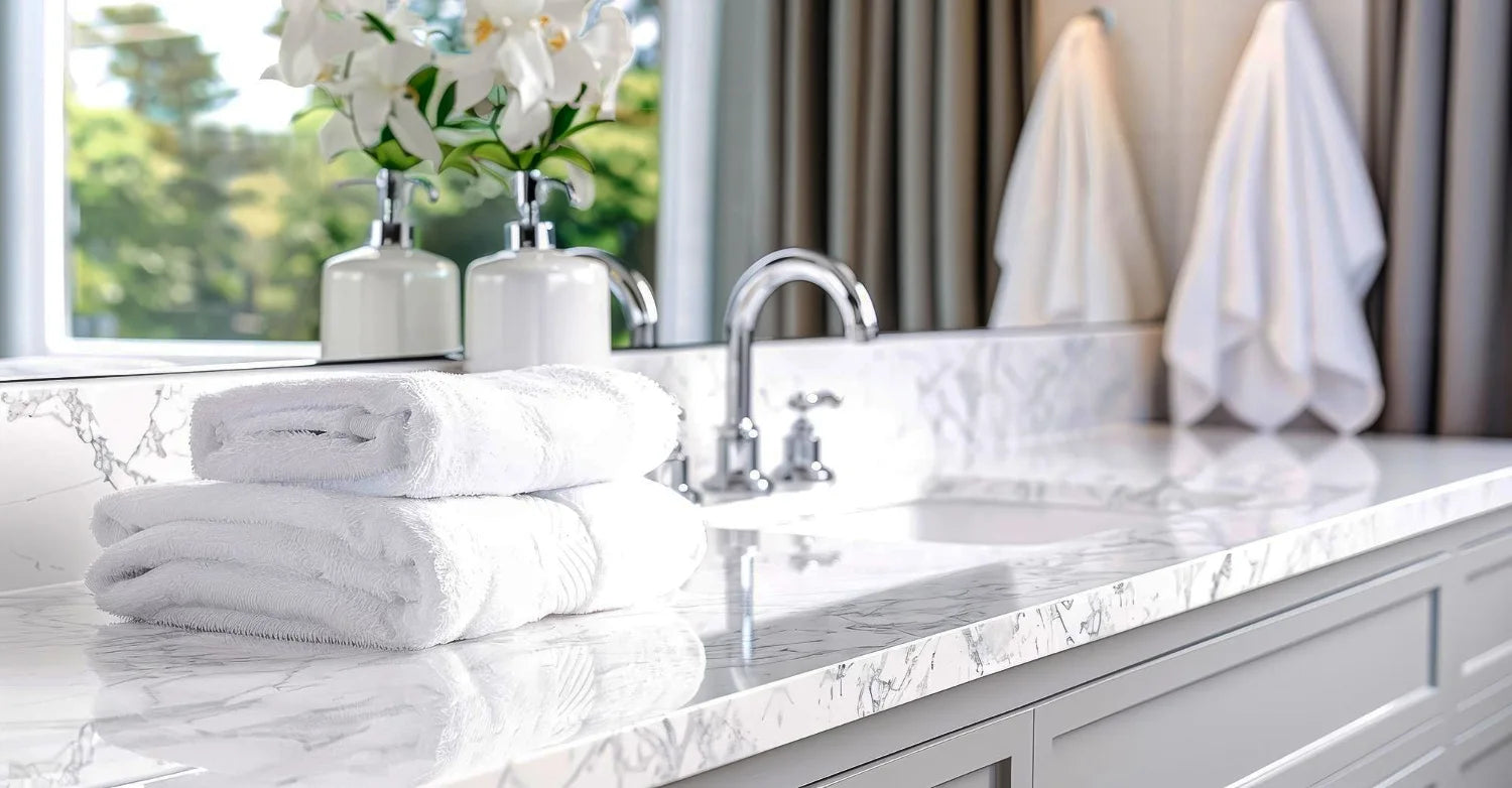 Bathroom counter vanity top with white towels, soap bottles, and a window view.