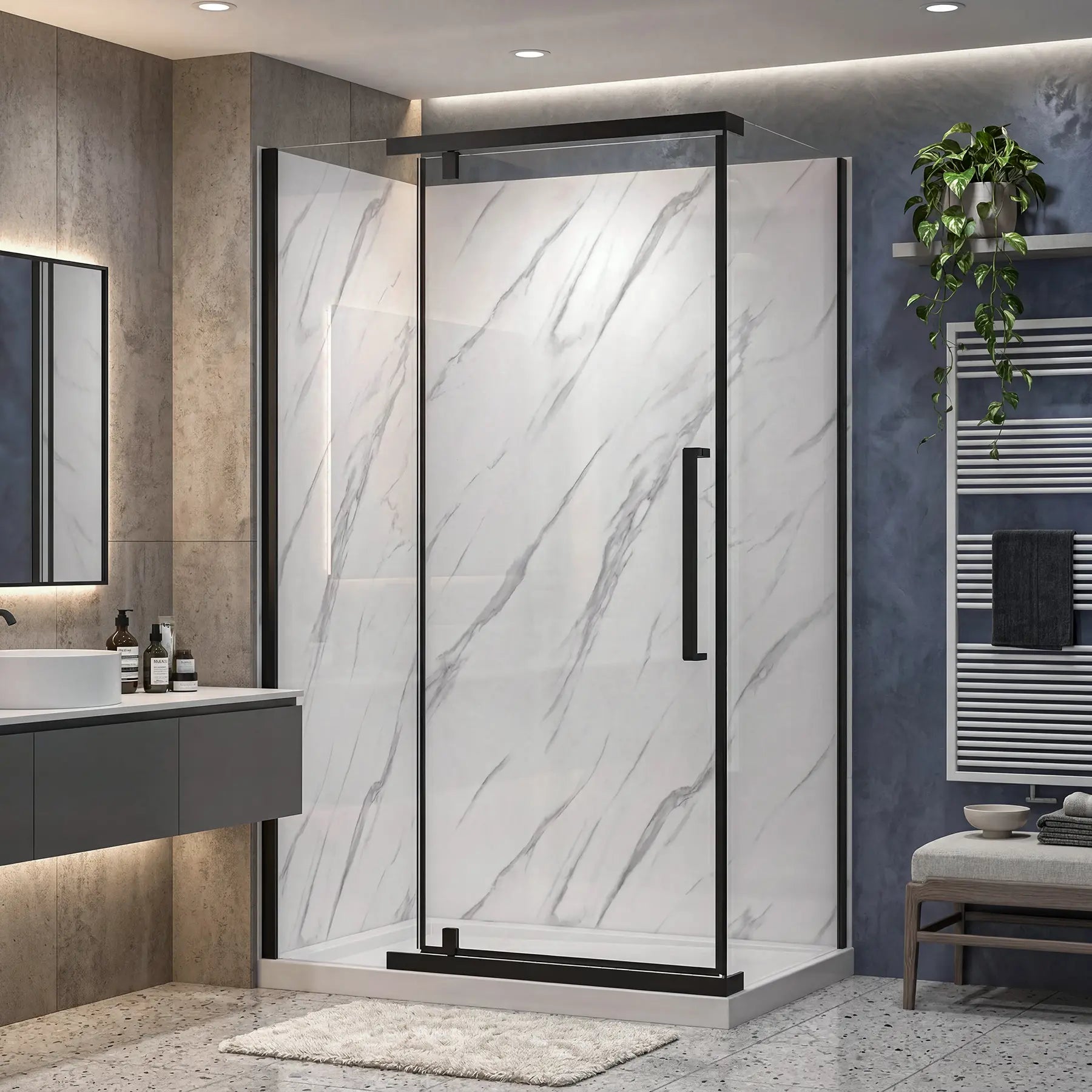 Modern bathroom with a glass shower enclosure, sink, and decorative elements.