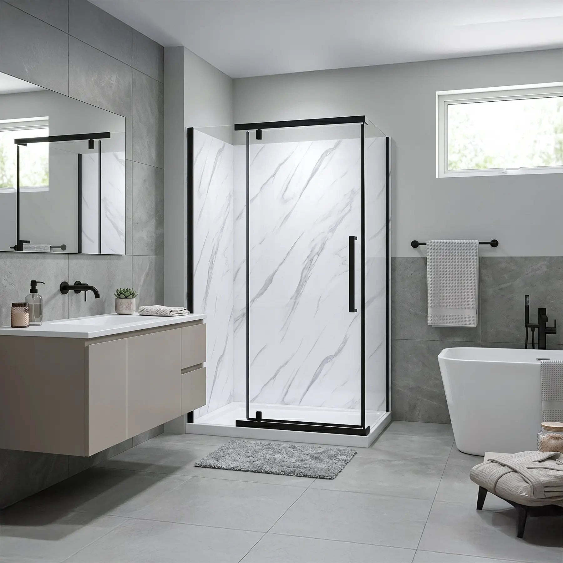 Modern bathroom with a freestanding bathtub, vanity, and walk-in shower.