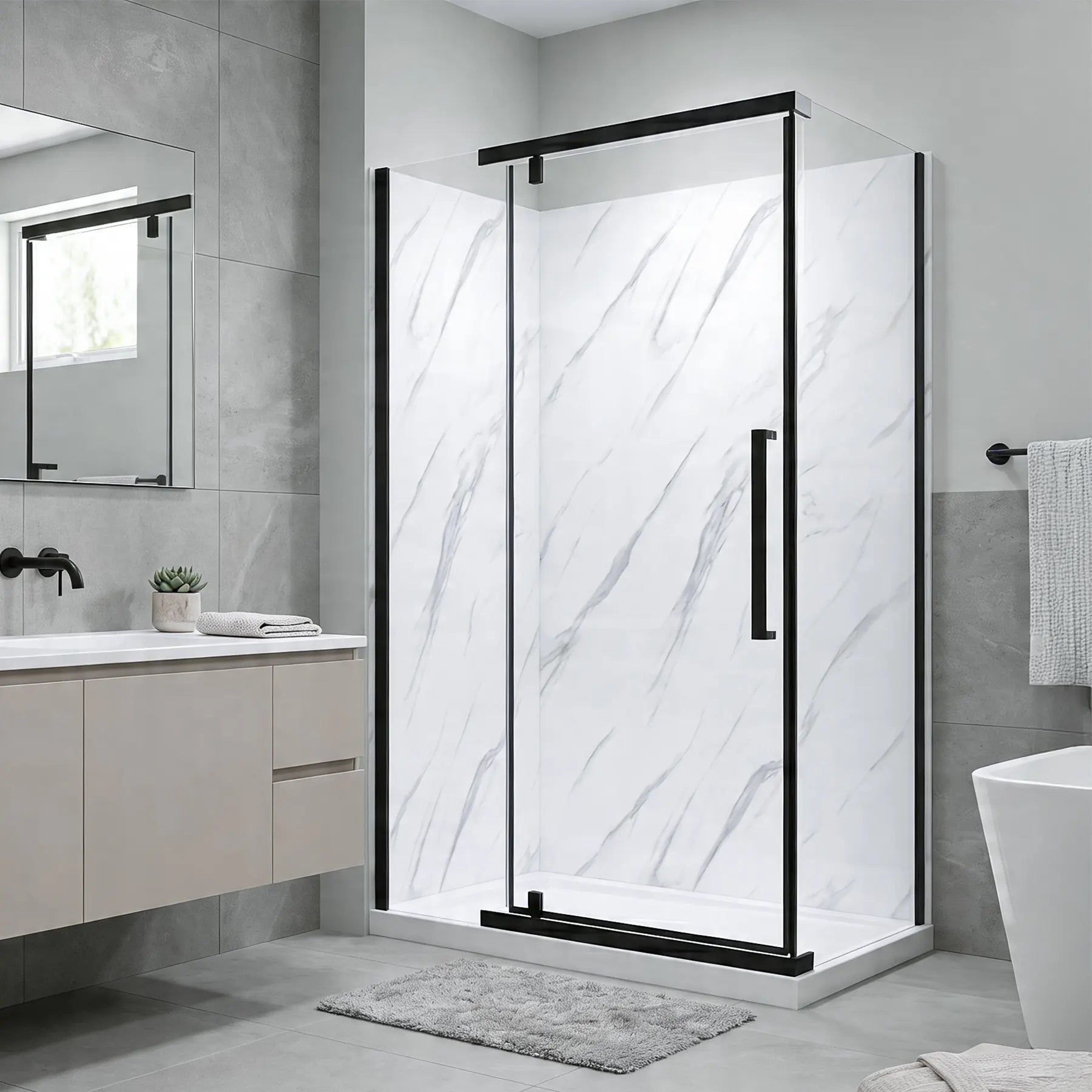 Modern bathroom with a glass shower enclosure, sink, and mirror.