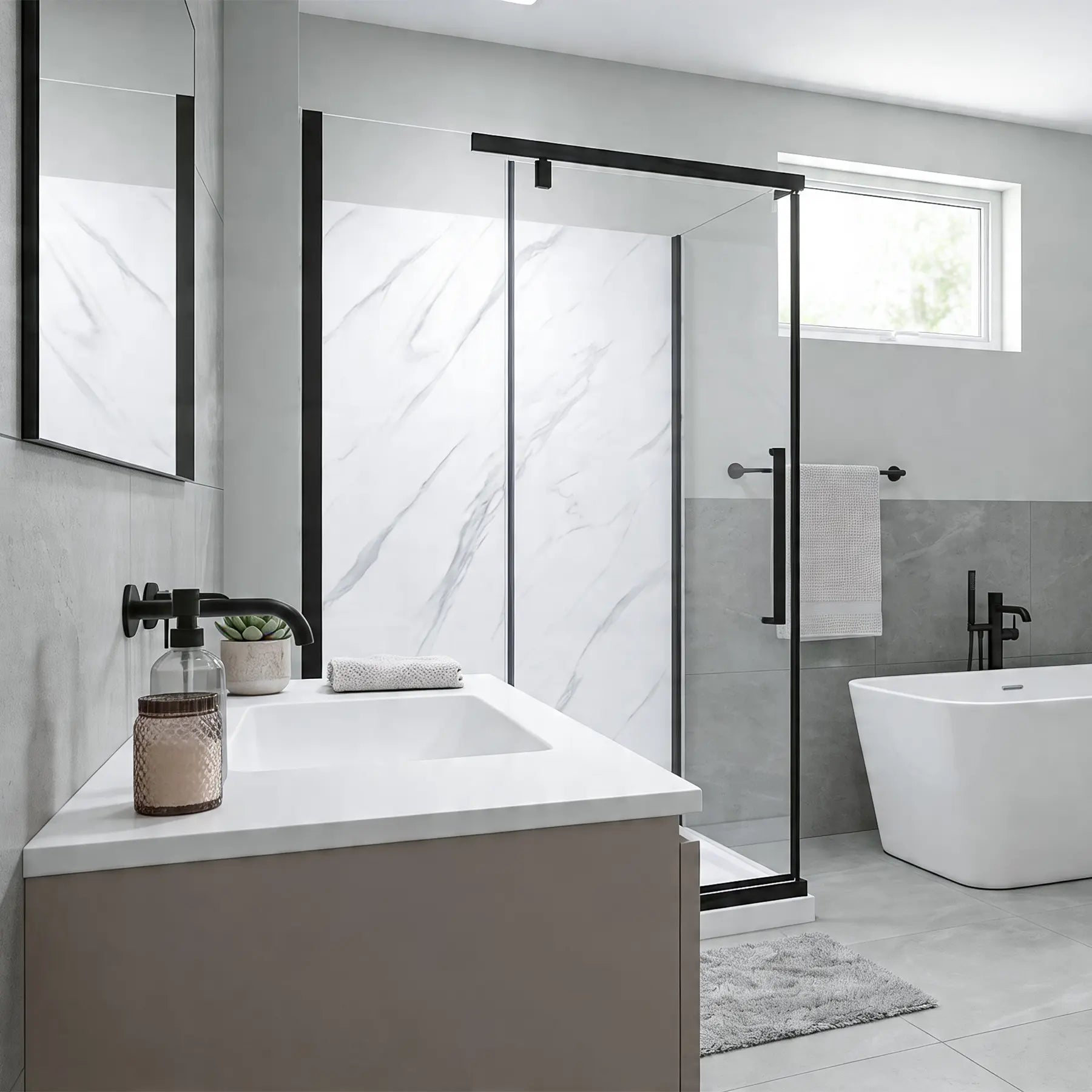 Modern bathroom with a shower enclosure, sink, and bathtub.