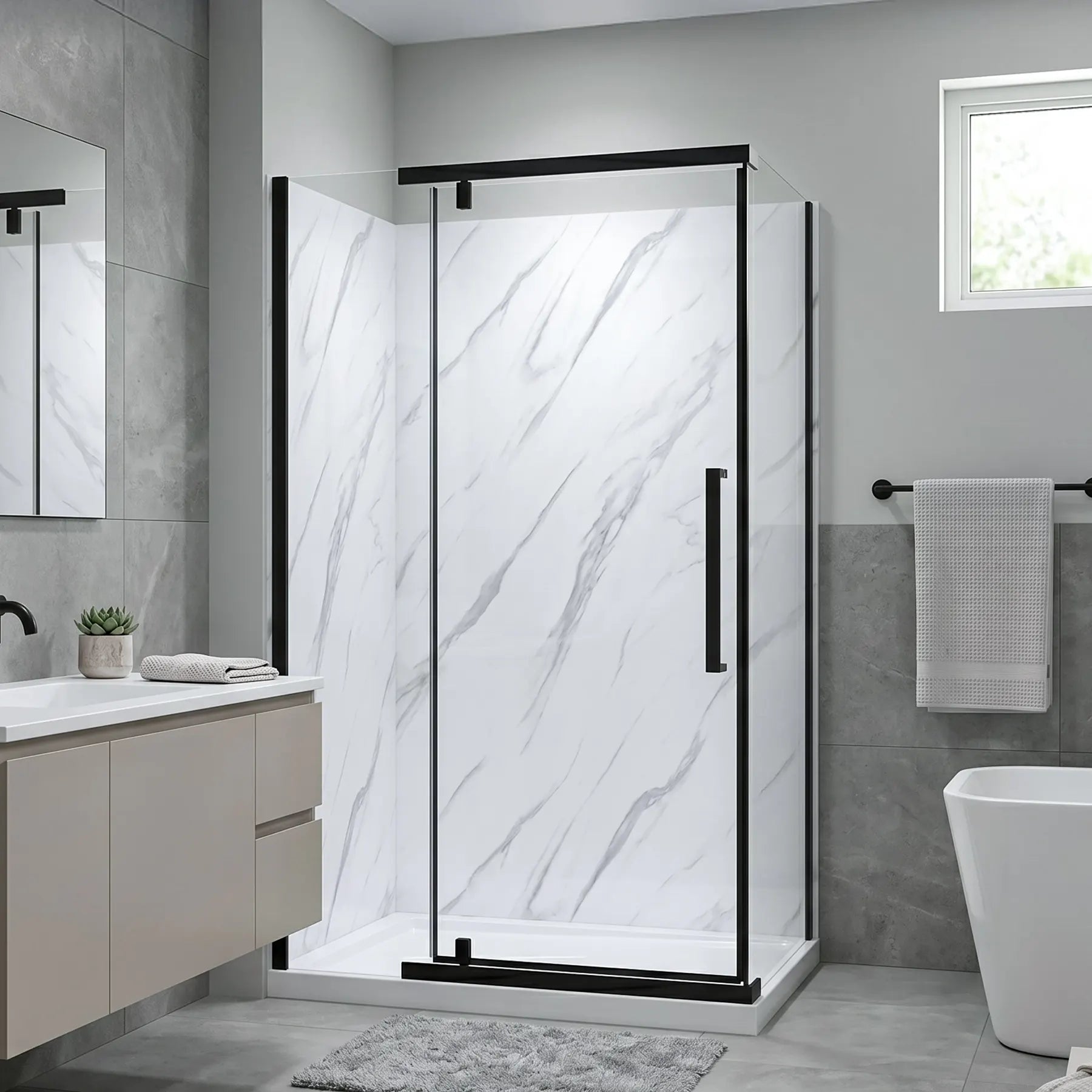 Modern bathroom with a glass shower enclosure, sink, and bathtub.