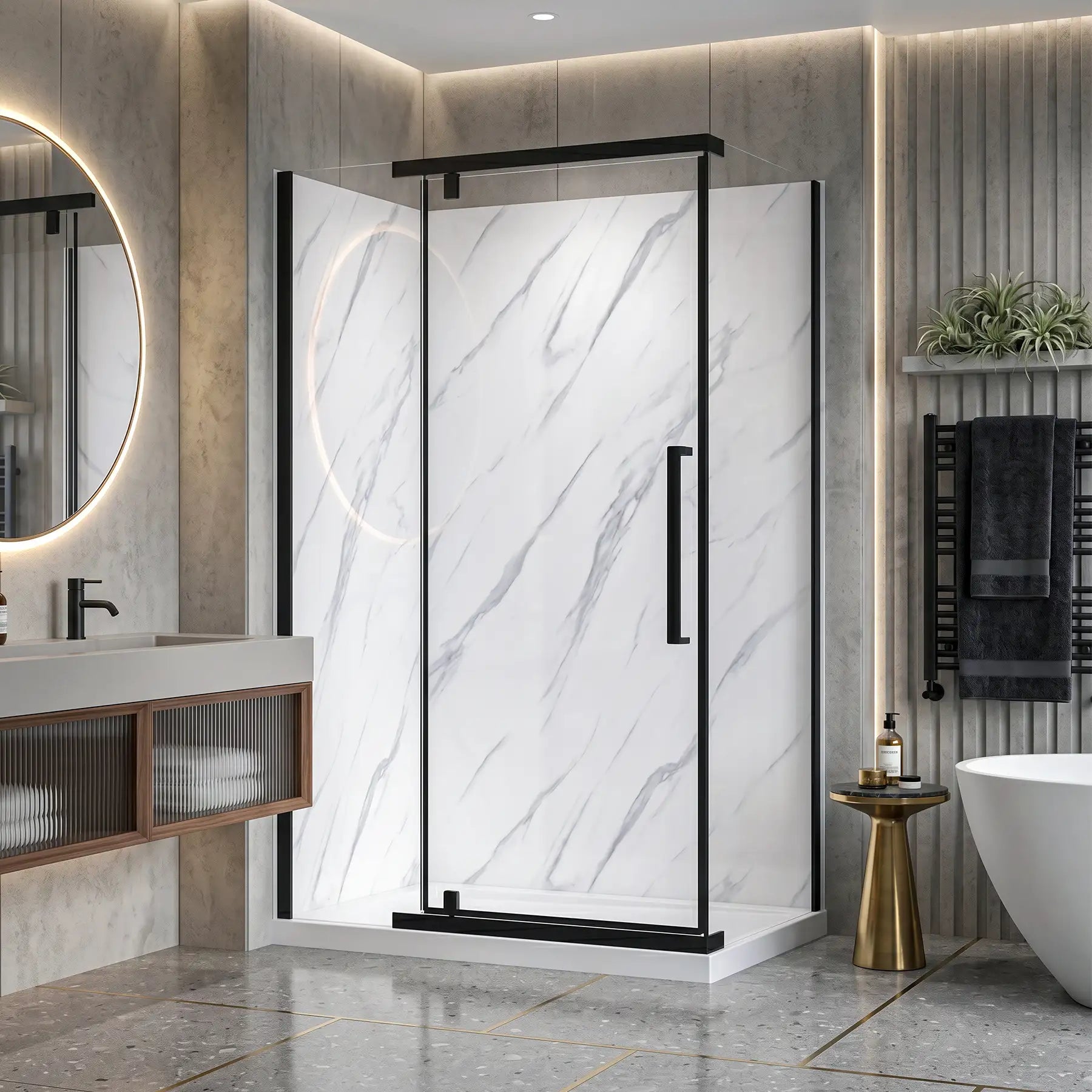 Modern bathroom with a marble-patterned shower enclosure, sink, and bathtub.