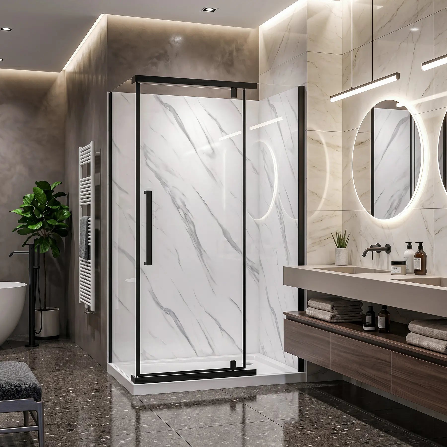 Modern bathroom with shower enclosure, sink, and vanity
