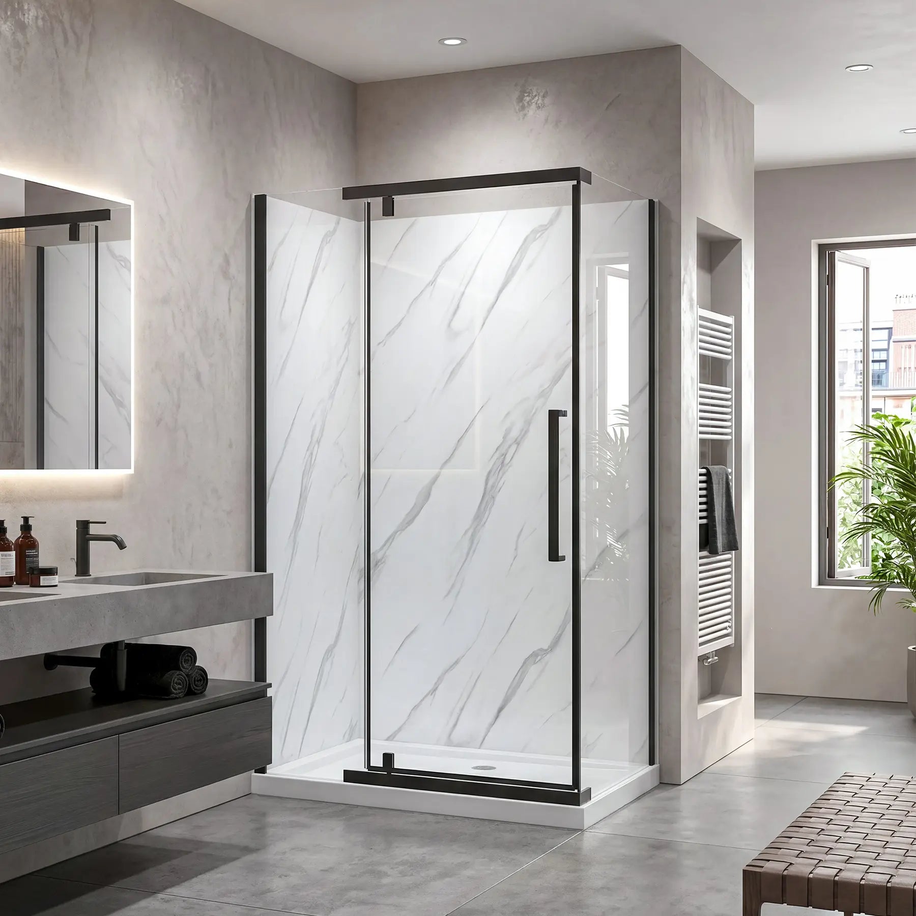 Modern bathroom with a walk-in shower enclosure, sink, and mirror.