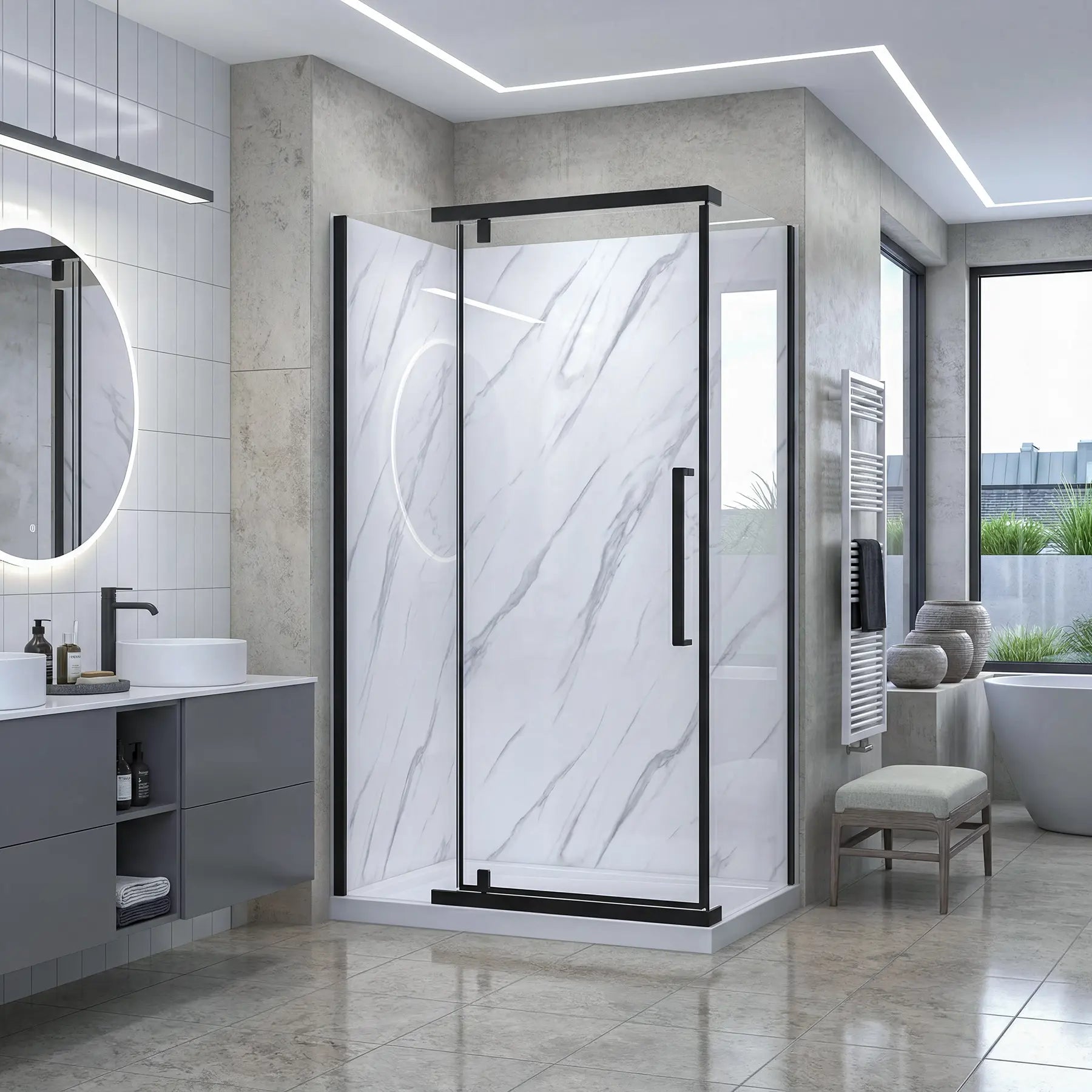 Modern bathroom with a shower enclosure, sink, and bathtub.