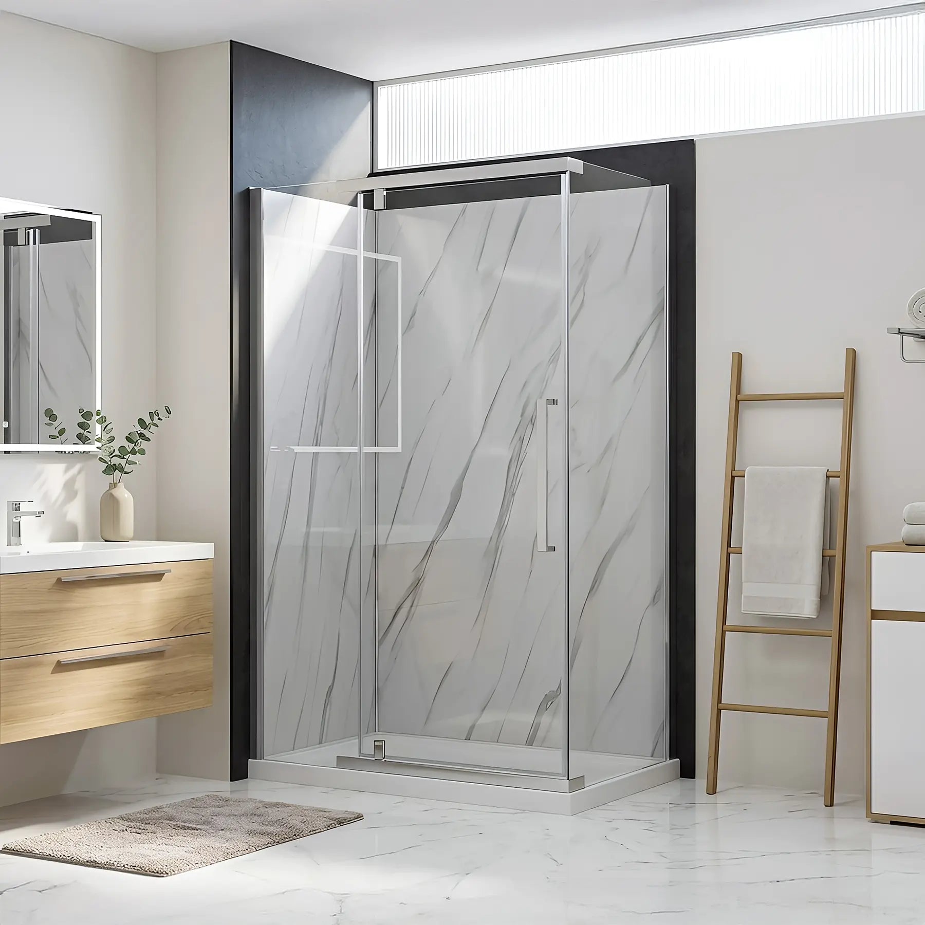 Modern bathroom with a glass shower enclosure, wooden vanity, and towel rack.