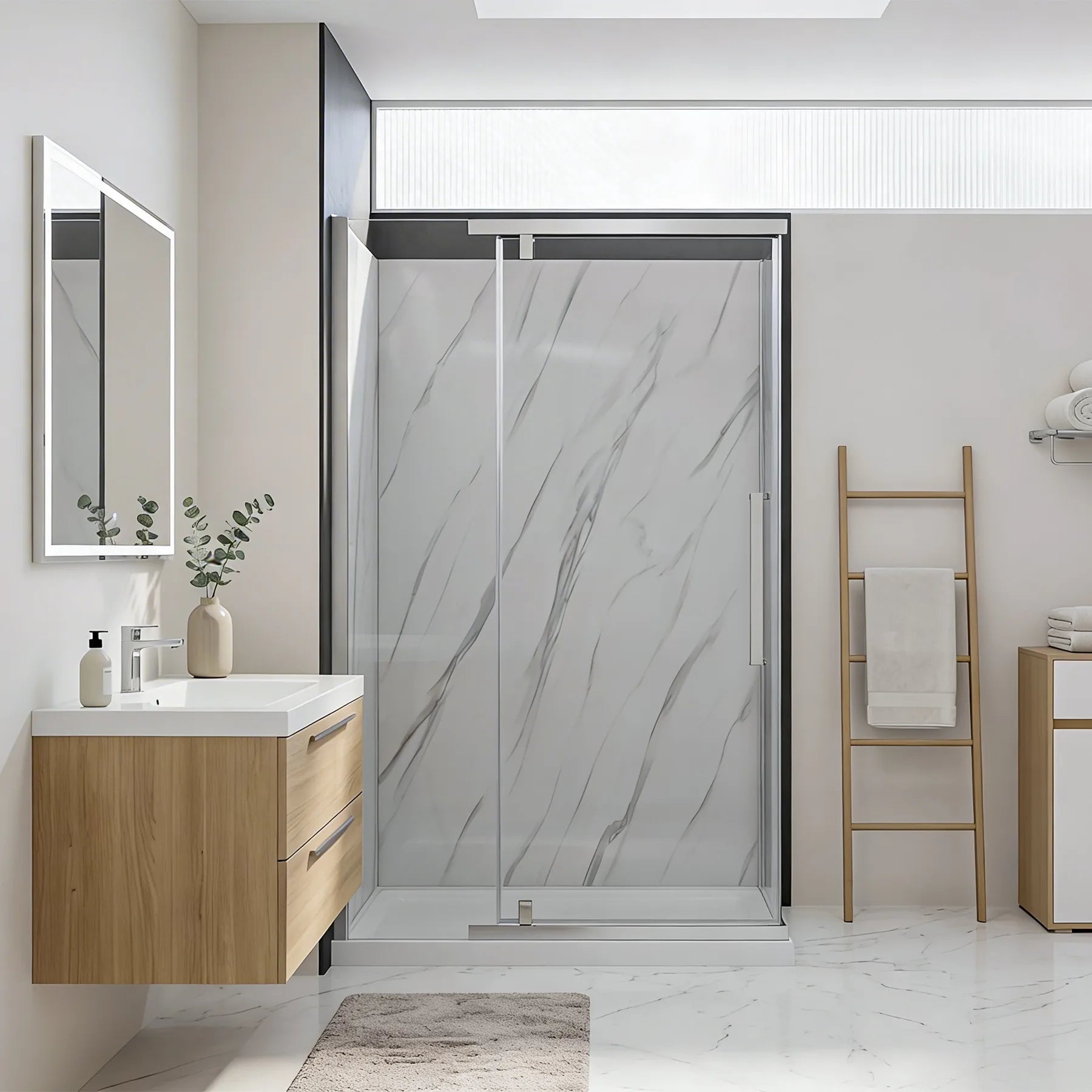 Modern bathroom with wooden vanity, glass shower enclosure, and towel rack.