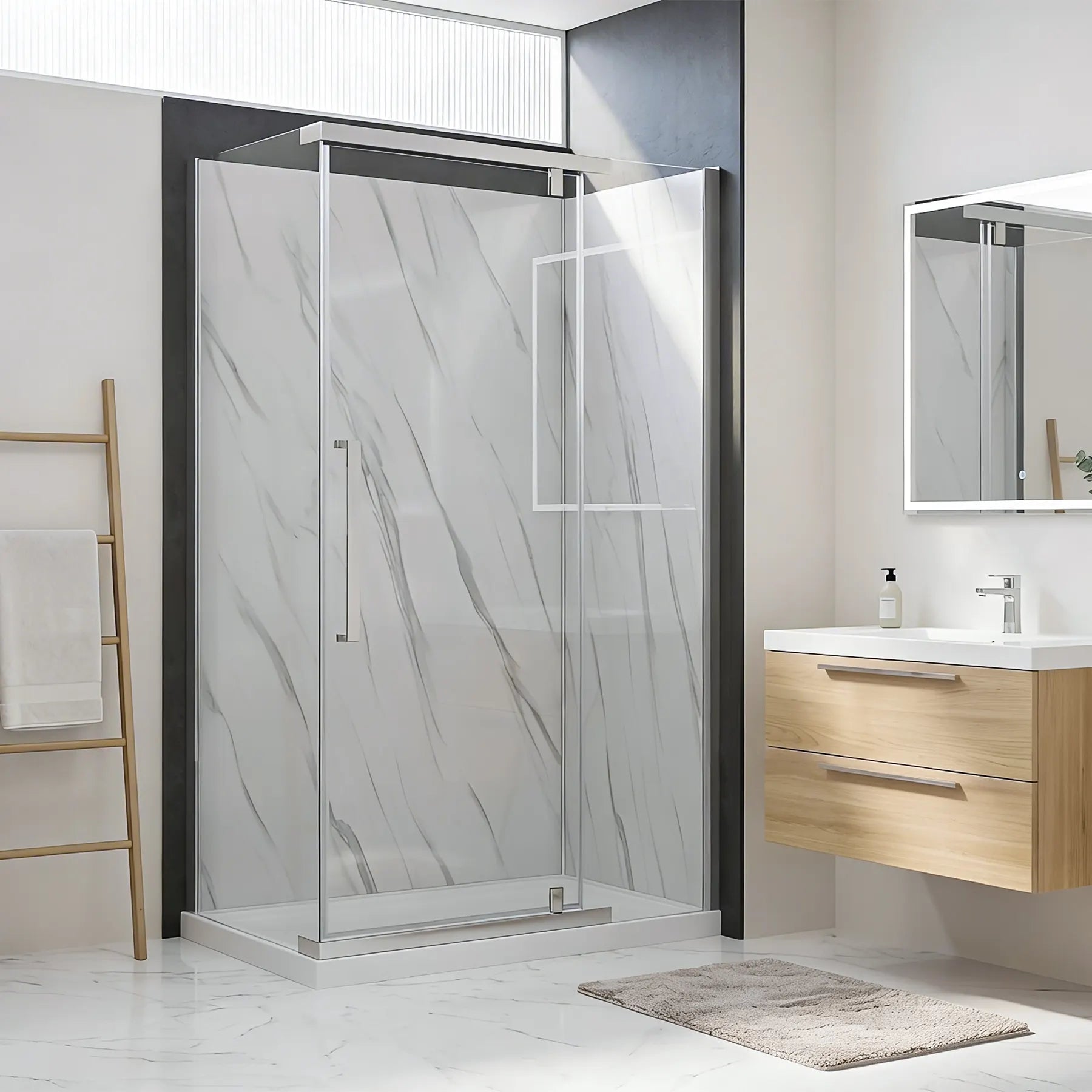 Modern bathroom with a glass shower enclosure, wooden vanity, and towel rack.