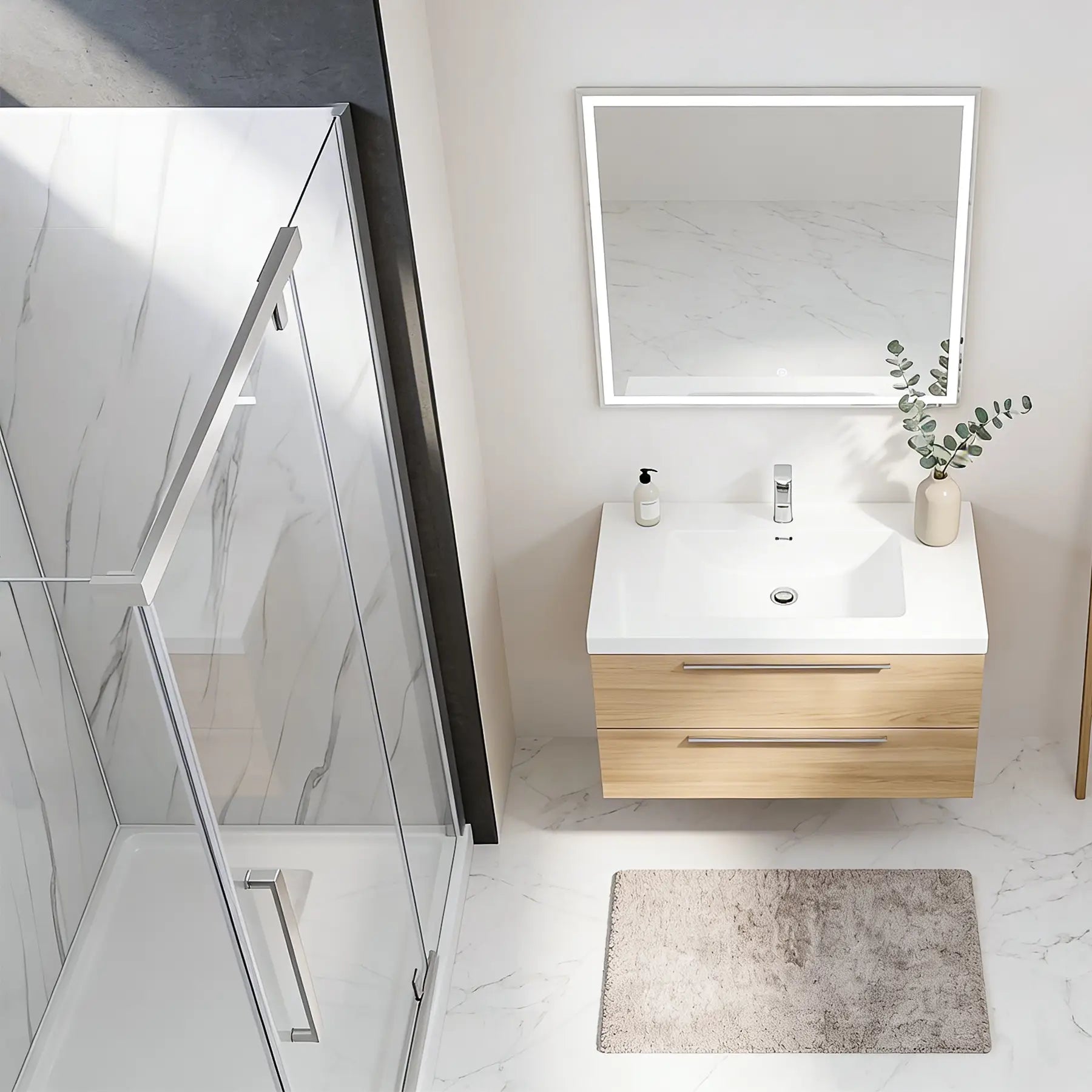 Modern bathroom with a shower area, vanity, and decorative elements.