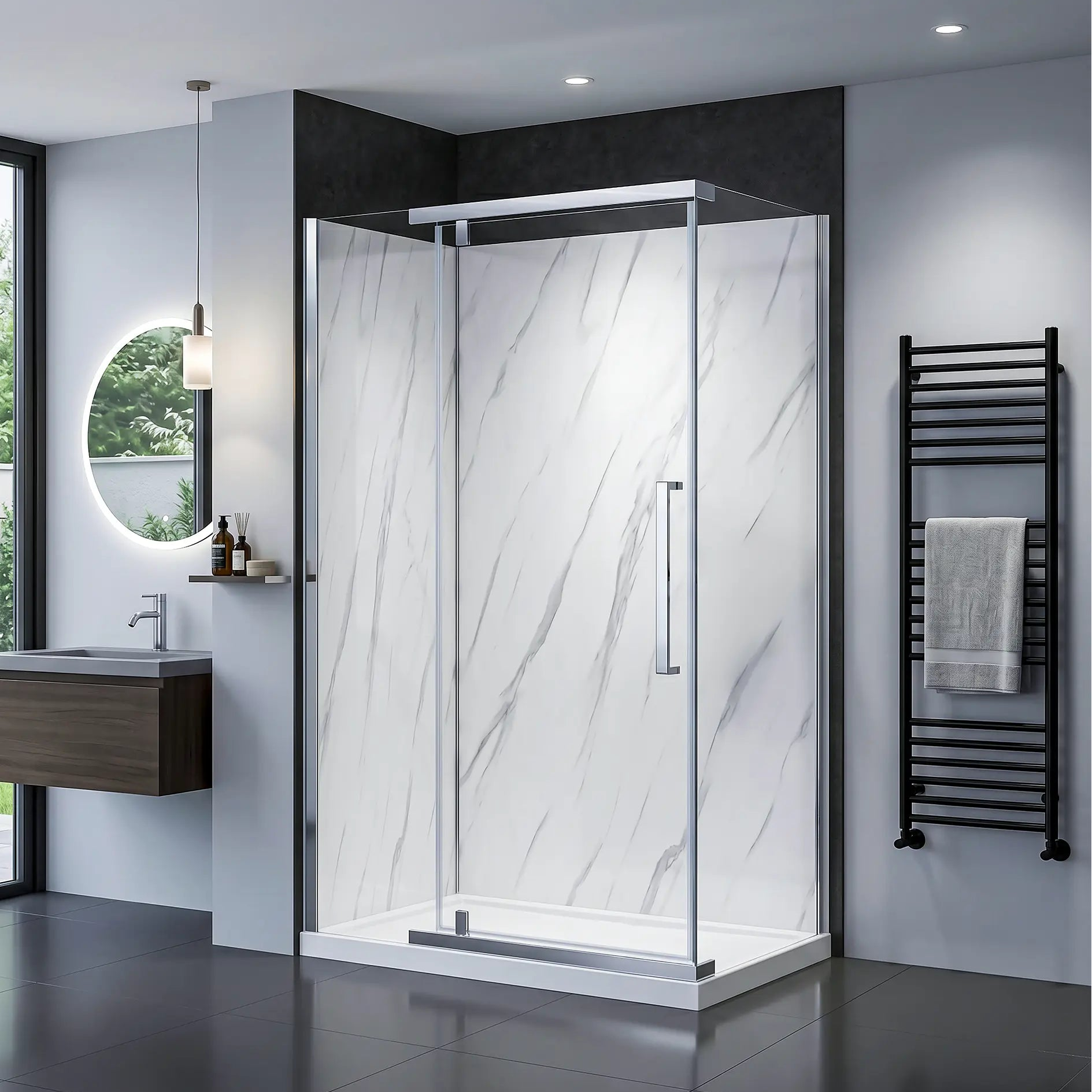 Modern bathroom with a shower enclosure, sink, and towel rack.