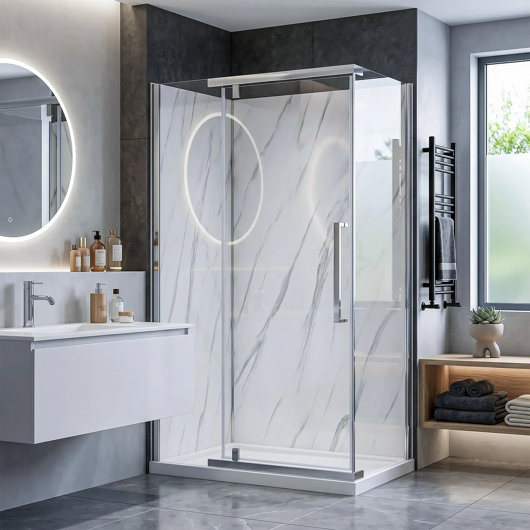 Modern bathroom with a shower enclosure, sink, and window.