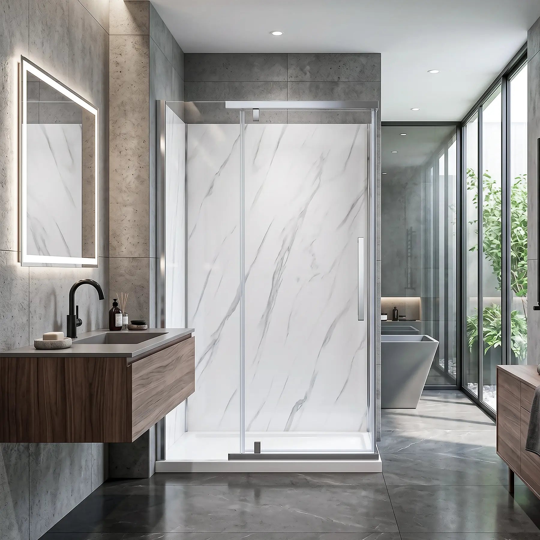 Modern bathroom with shower enclosure, sink, and bathtub.