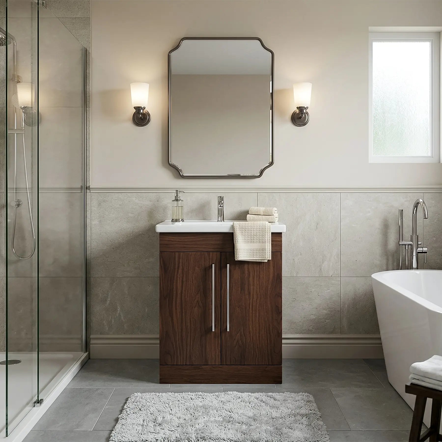 Modern bathroom with wooden vanity, mirror, and bathtub.