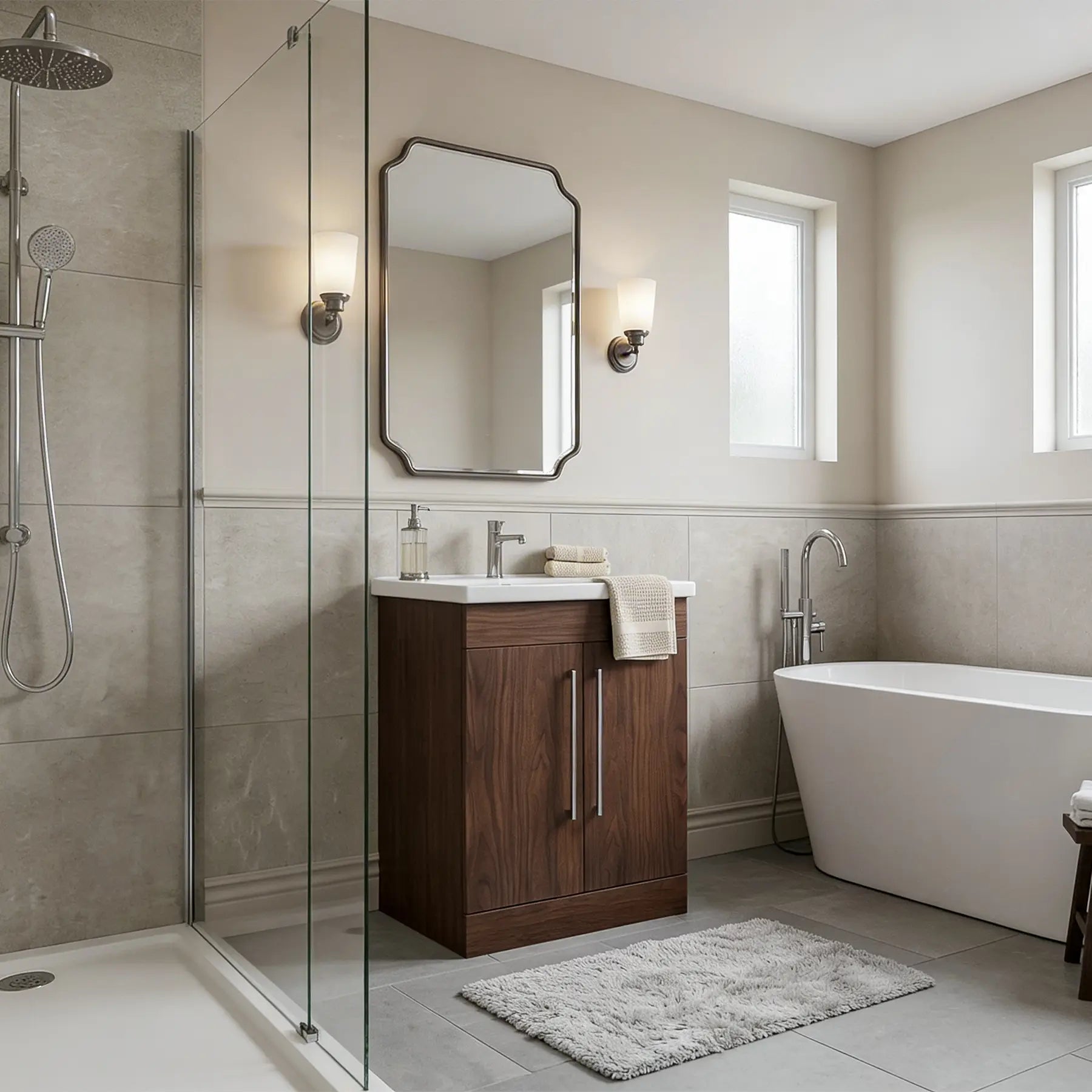 Modern bathroom with wooden vanity, freestanding bathtub, and glass shower enclosure.