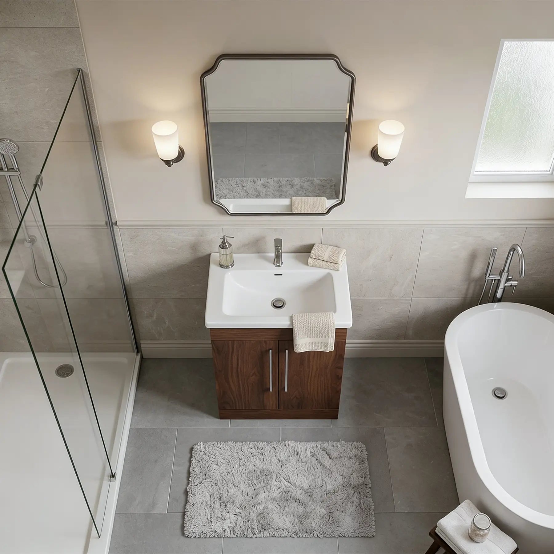 Bathroom with wooden vanity, white sink, and bathtub.