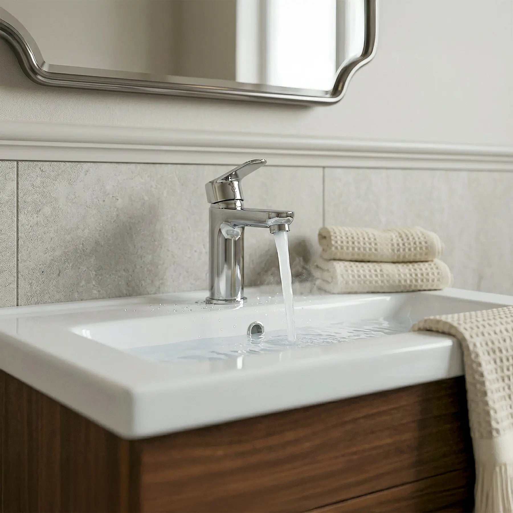 Bathroom sink with running water, towels, and a mirror.