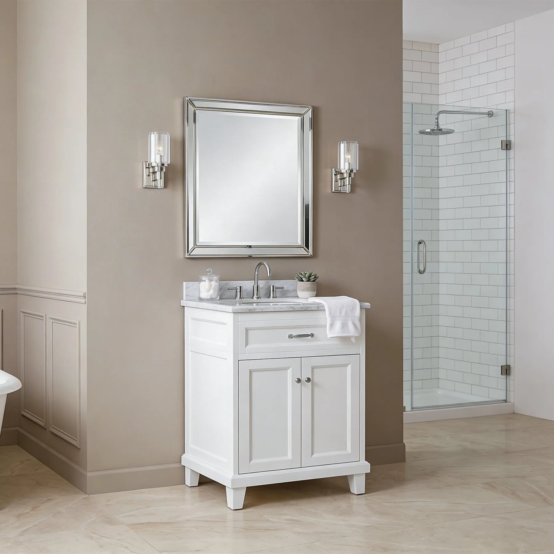 Bathroom with white vanity, mirror, and shower
